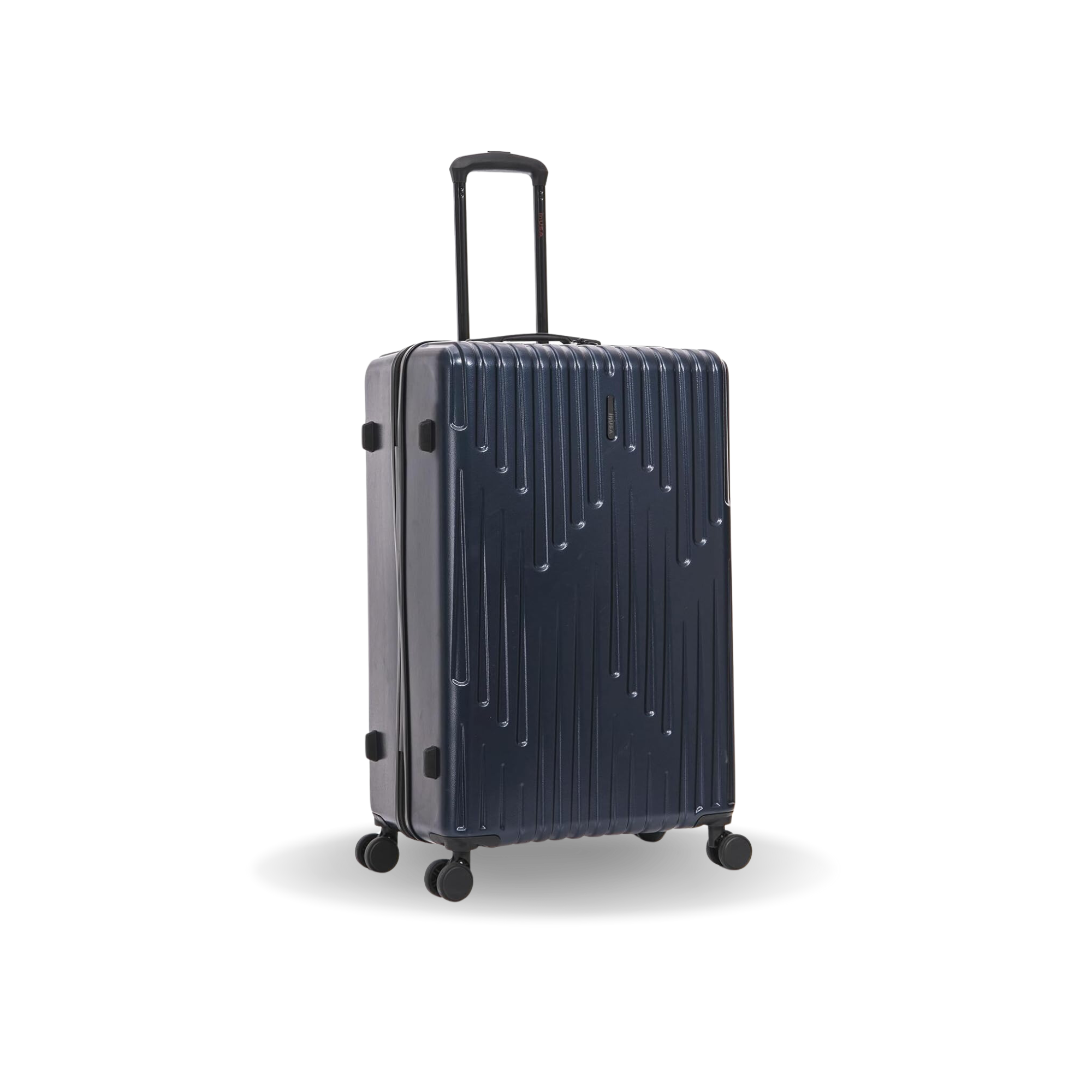 Navy blue suitcase with a subtle pattern on a white background