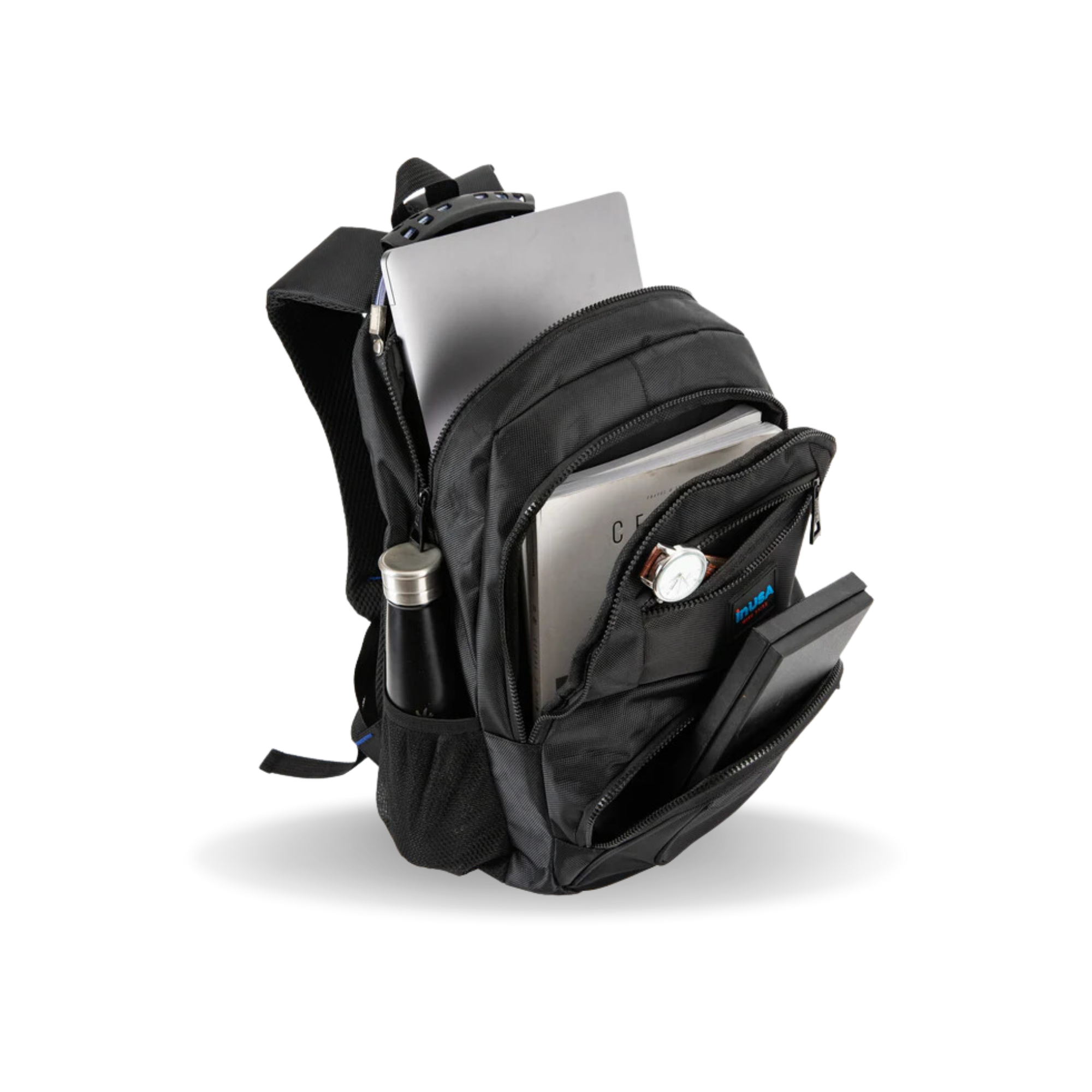 Black backpack with compartments on a white background