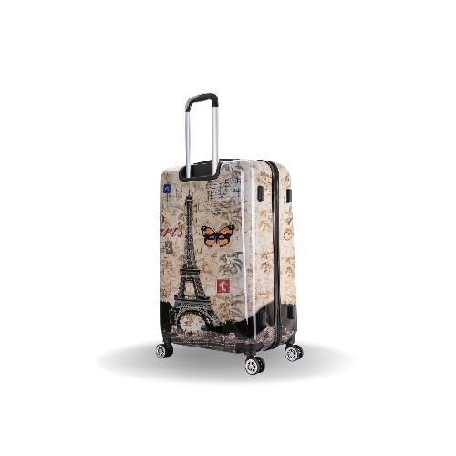 Suitcase with Eiffel Tower and butterfly design on a white background