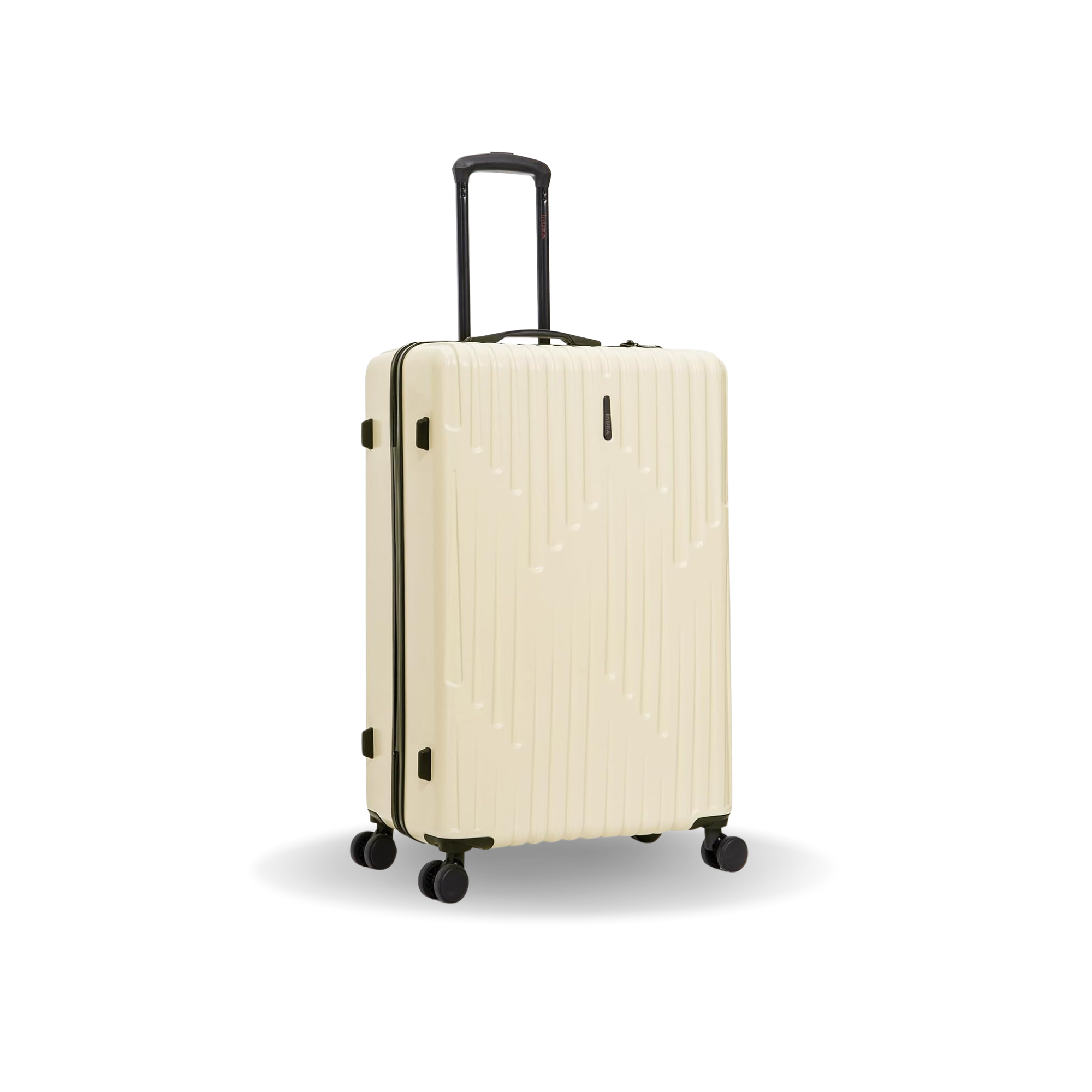 Beige suitcase with black handle and wheels on a white background