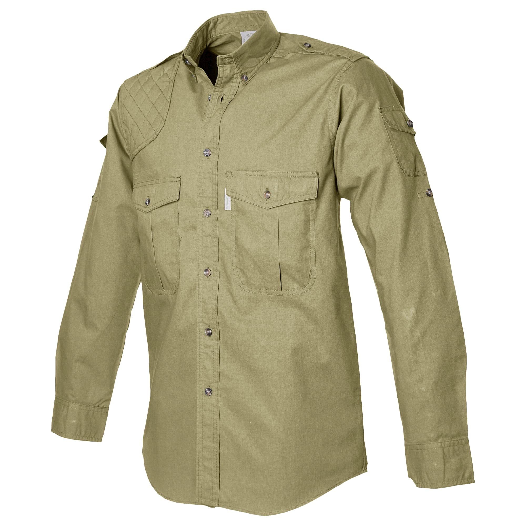 Khaki shirt with button details on a white background