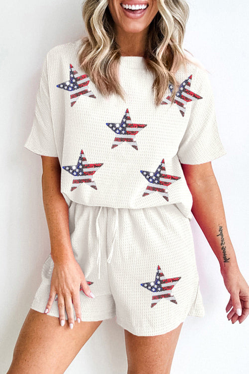 White Waffle Sequin American Flag Star Pattern Shorts Set