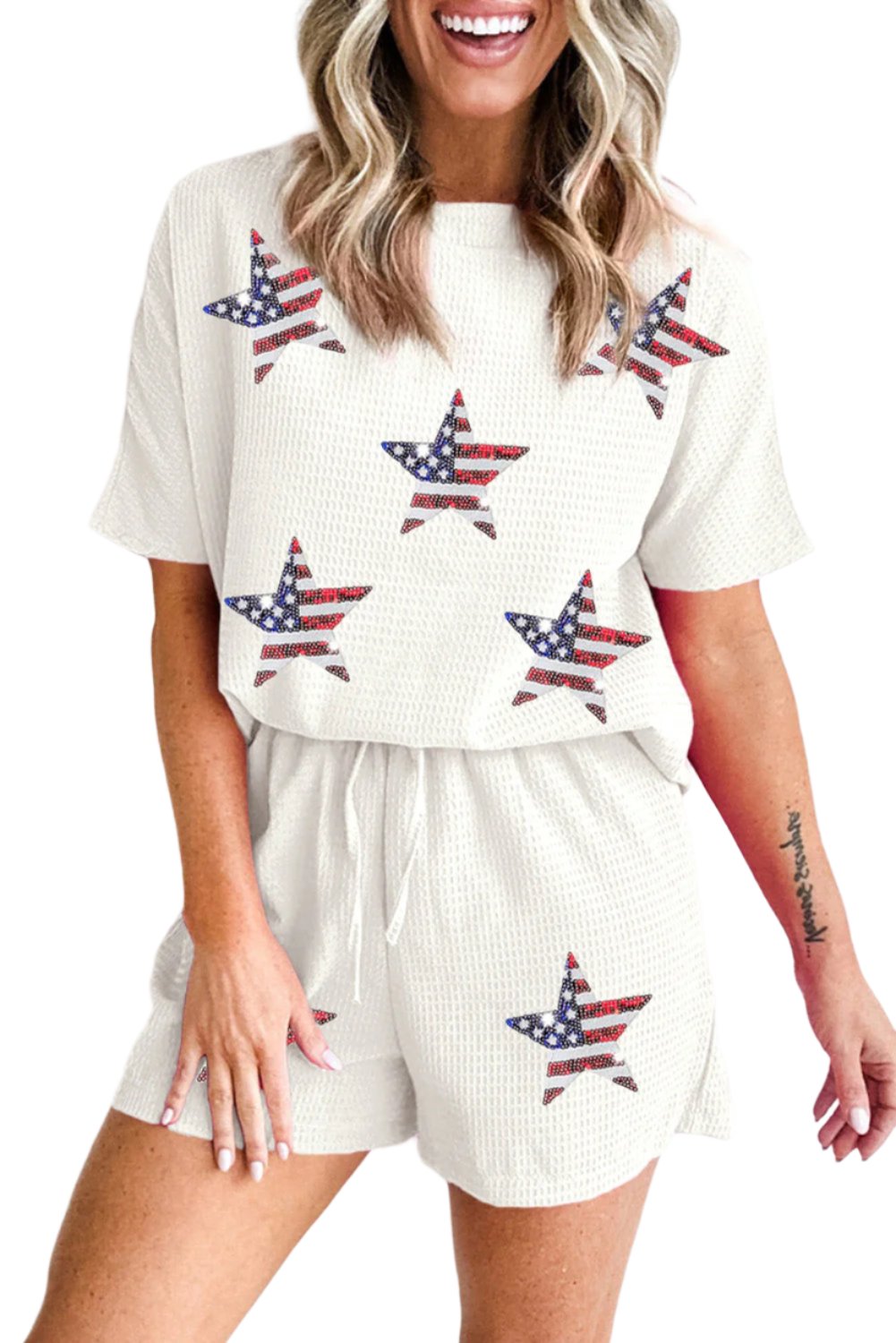 White Waffle Sequin American Flag Star Pattern Shorts Set