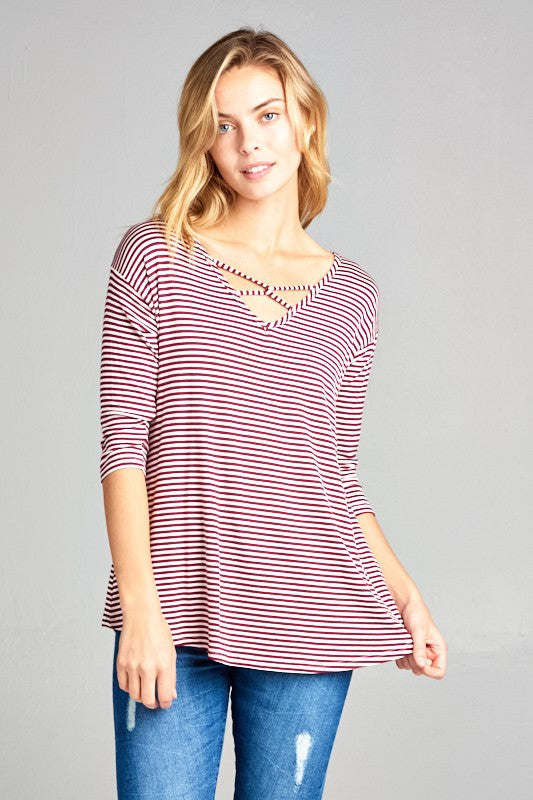 Stripe Jersey Lace Up Neck Top