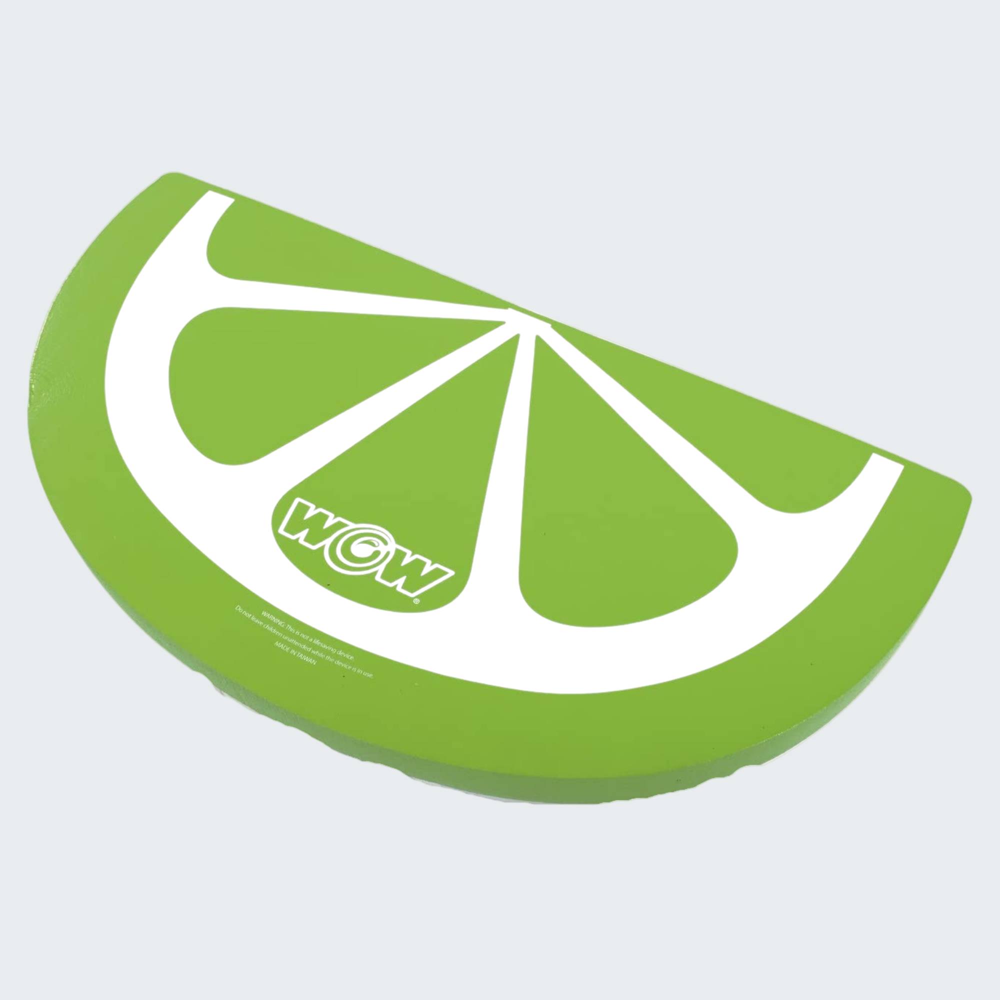 Green lime-shaped pool float with 'WOW' branding on a white background