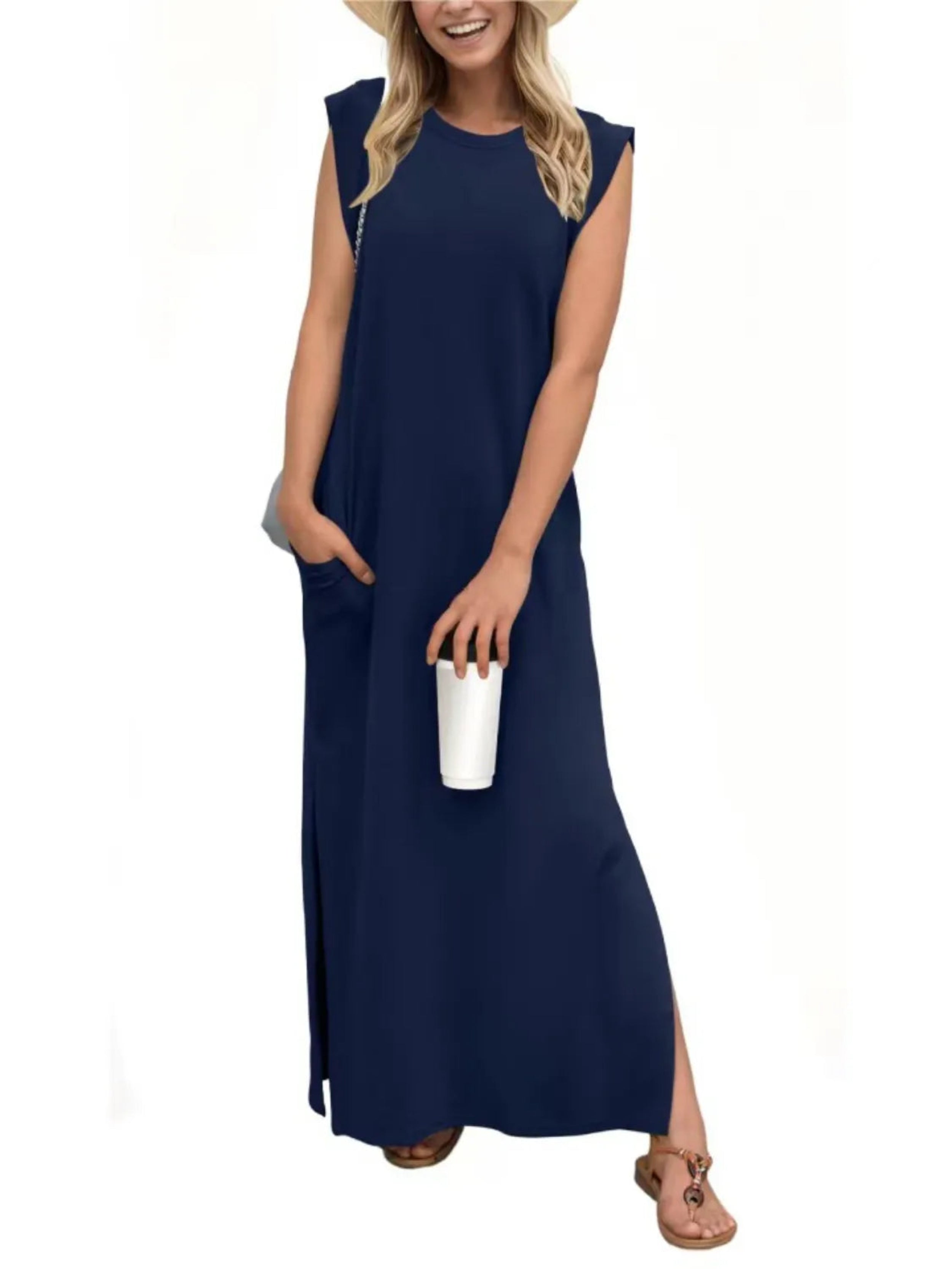 Full Size Slit Round Neck Sleeveless Maxi Tank Dress