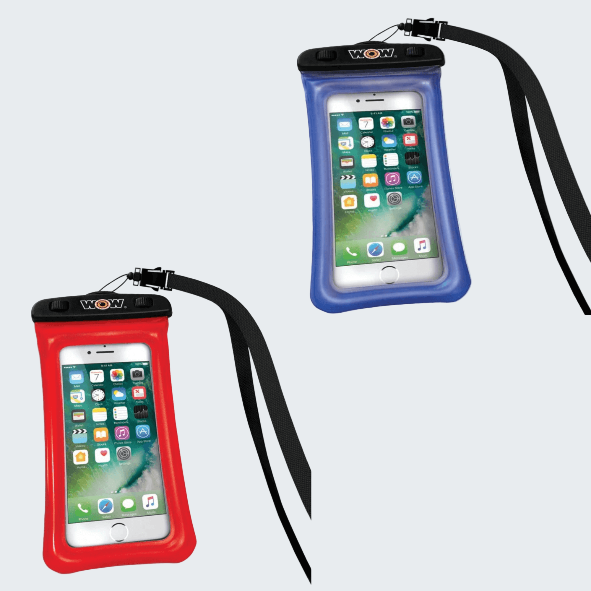 Two waterproof phone cases, one red and one blue, with a lanyard on a white background.