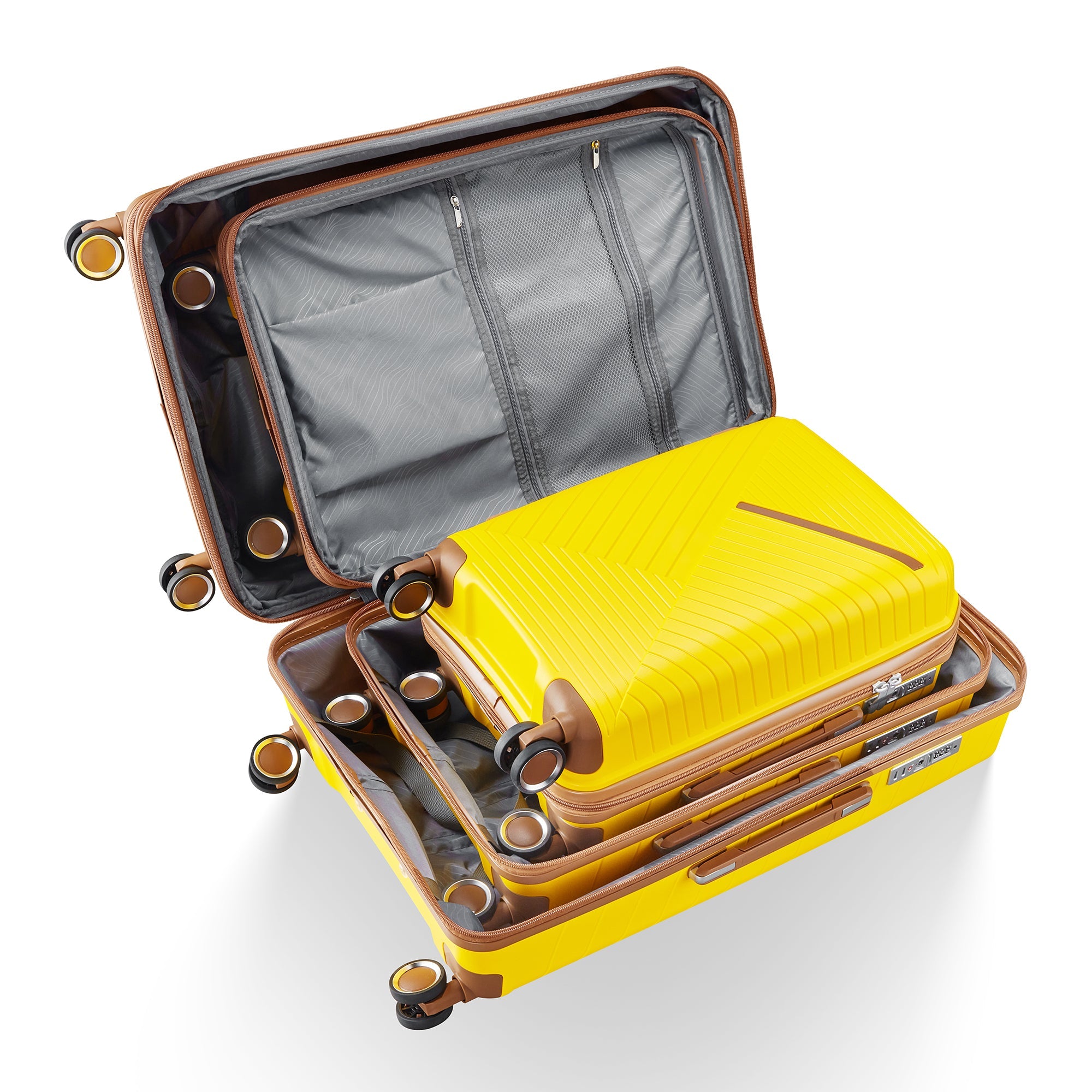 Four Piece Yellow Expandable Lightweight Suitcase with Four Double 360 Degrees Mute Spinner Wheels