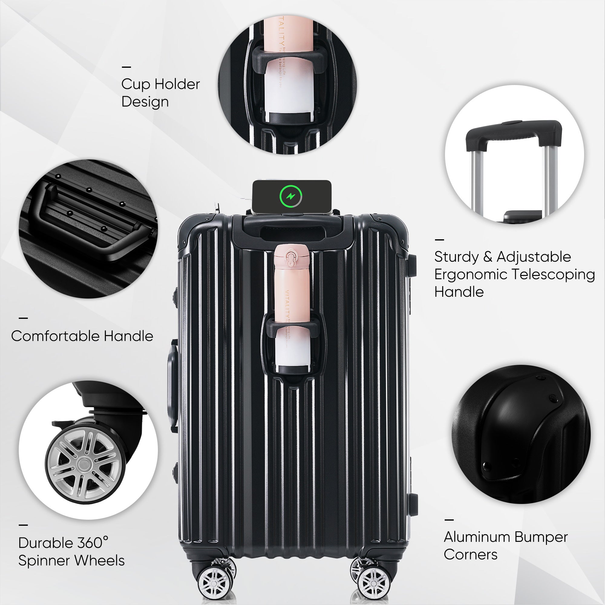 Black Aluminum Frame Luggage with USB Port Carry-On
