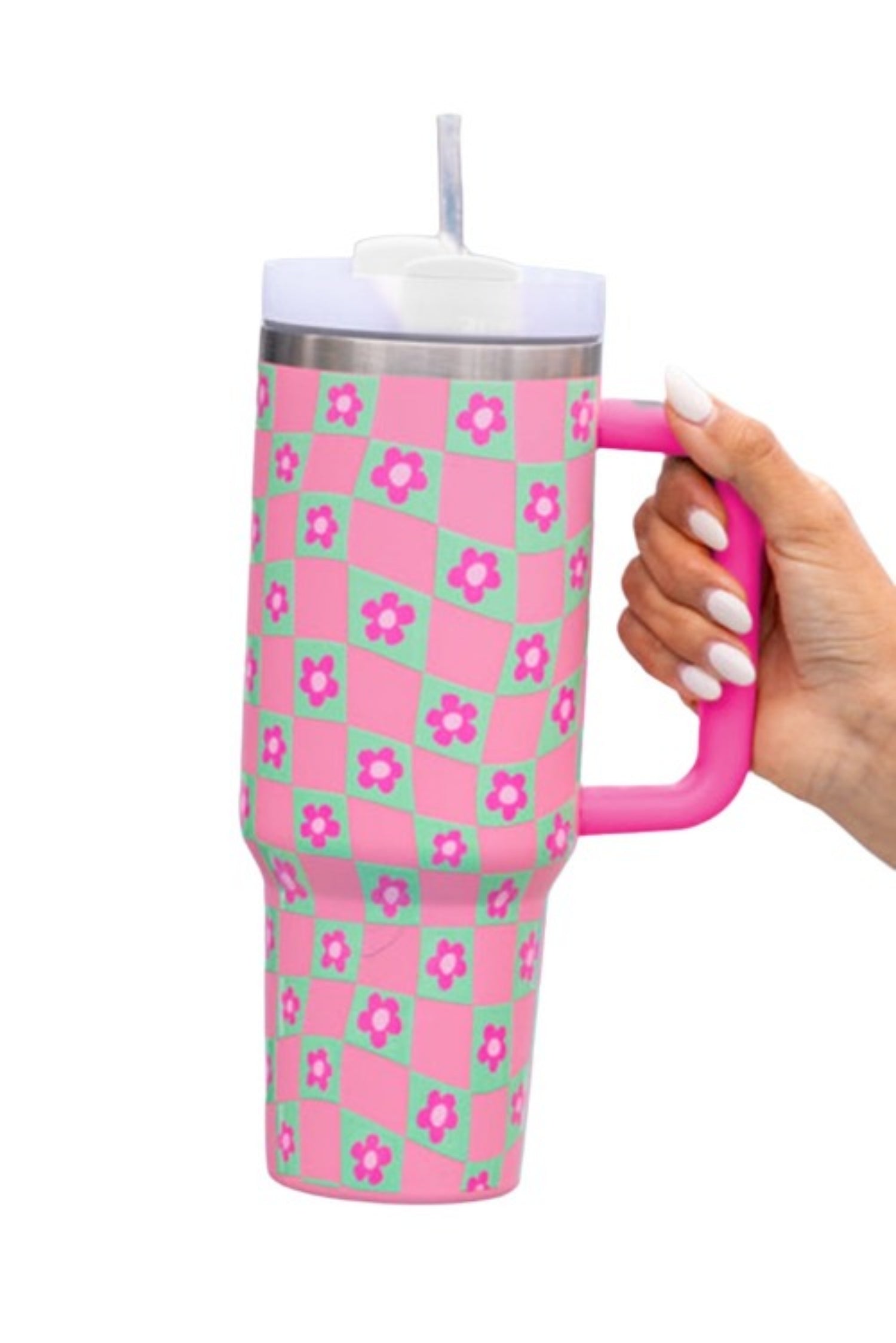 Bright Pink Flower Checkered Pattern Cup with Straw