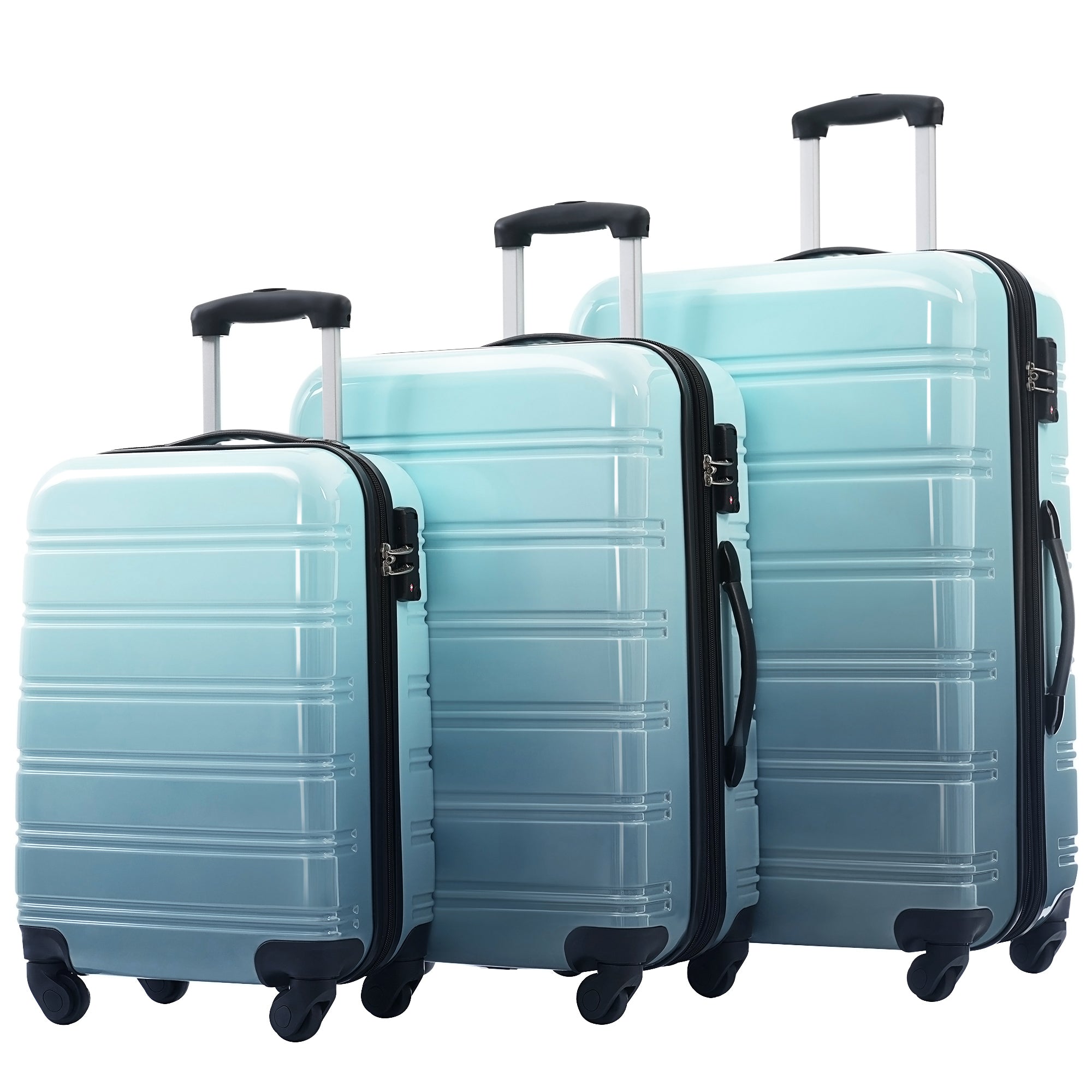 Three Piece Blue Gradient Color Expandable Suitcase with Spinner Wheels and TSA Lock