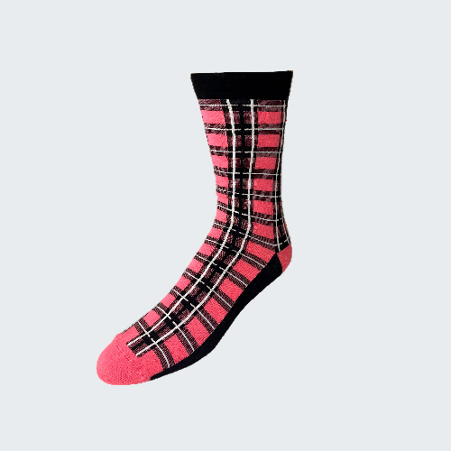 Plaid patterned sock with pink and black design on a white background