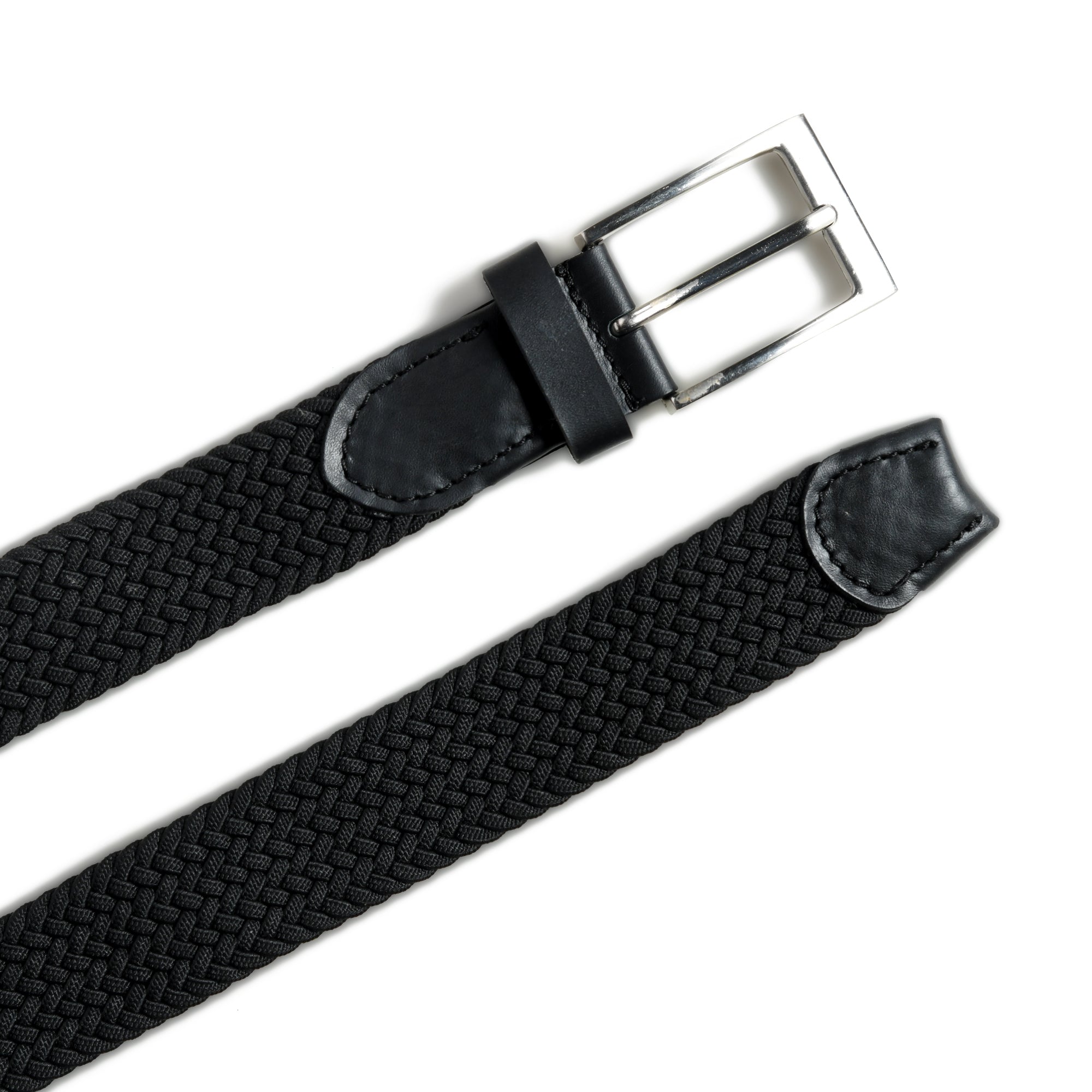 Black woven belt with a silver buckle on a white background