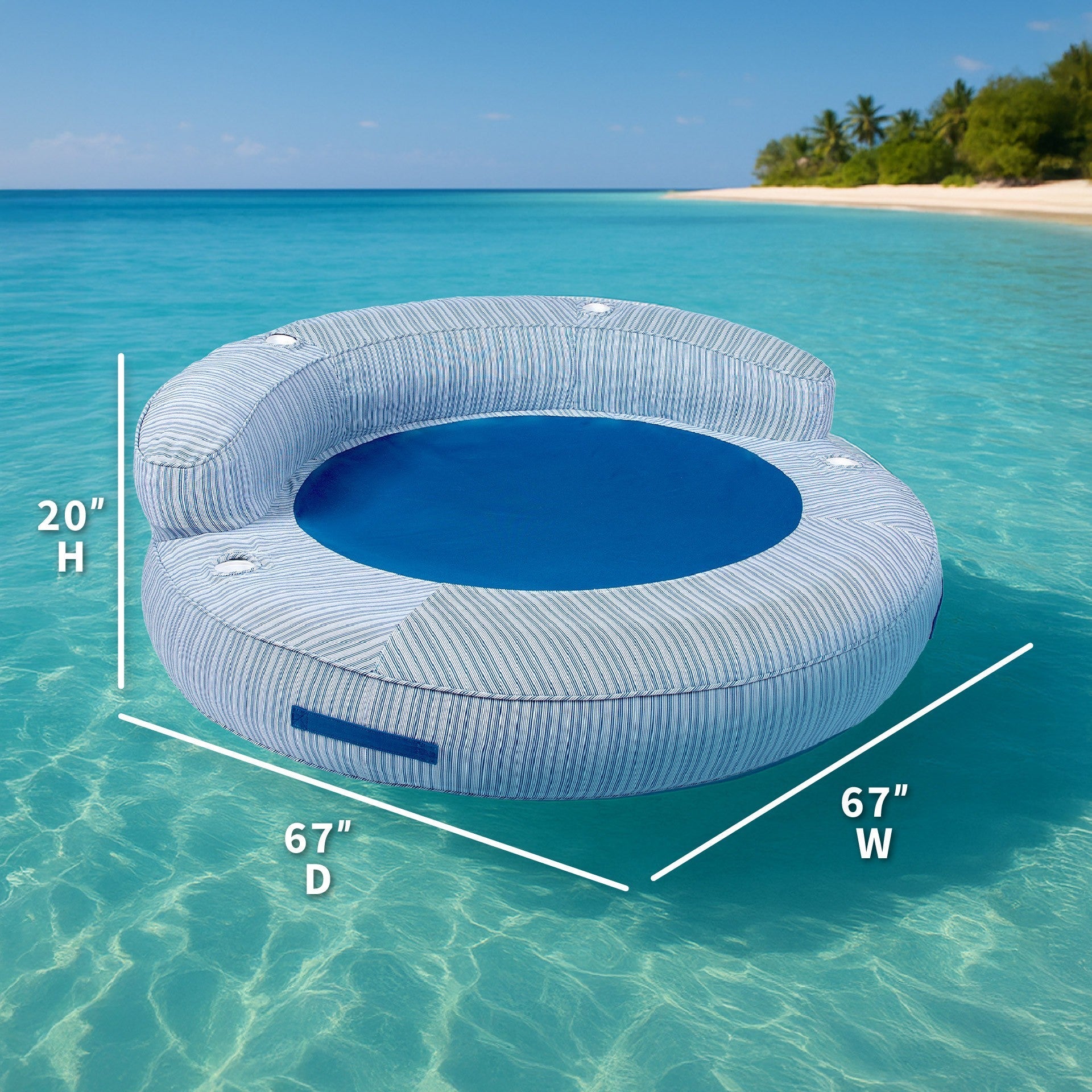 Inflatable pool float with dimensions on a clear blue ocean background