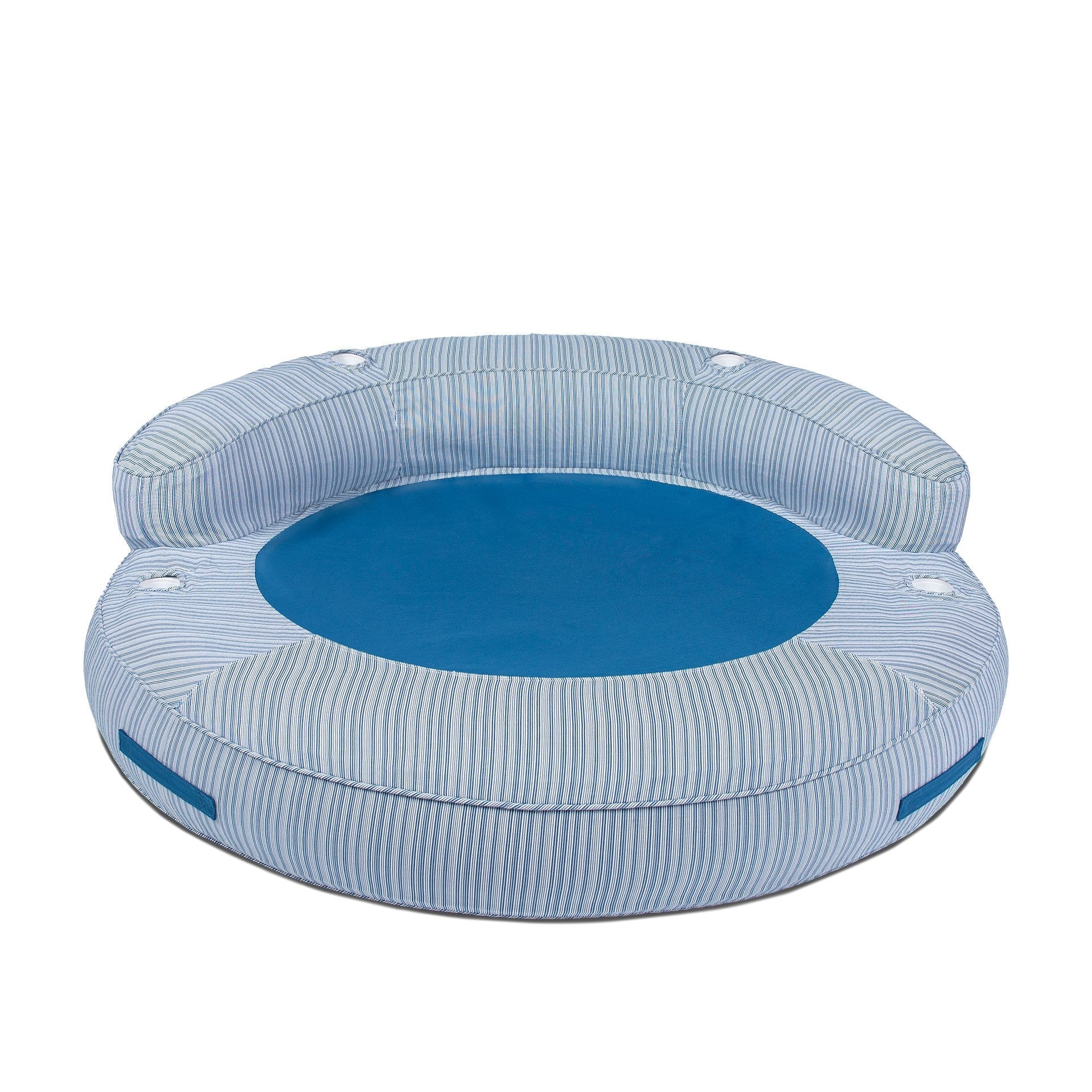 Round inflatable pool with blue interior on a white background