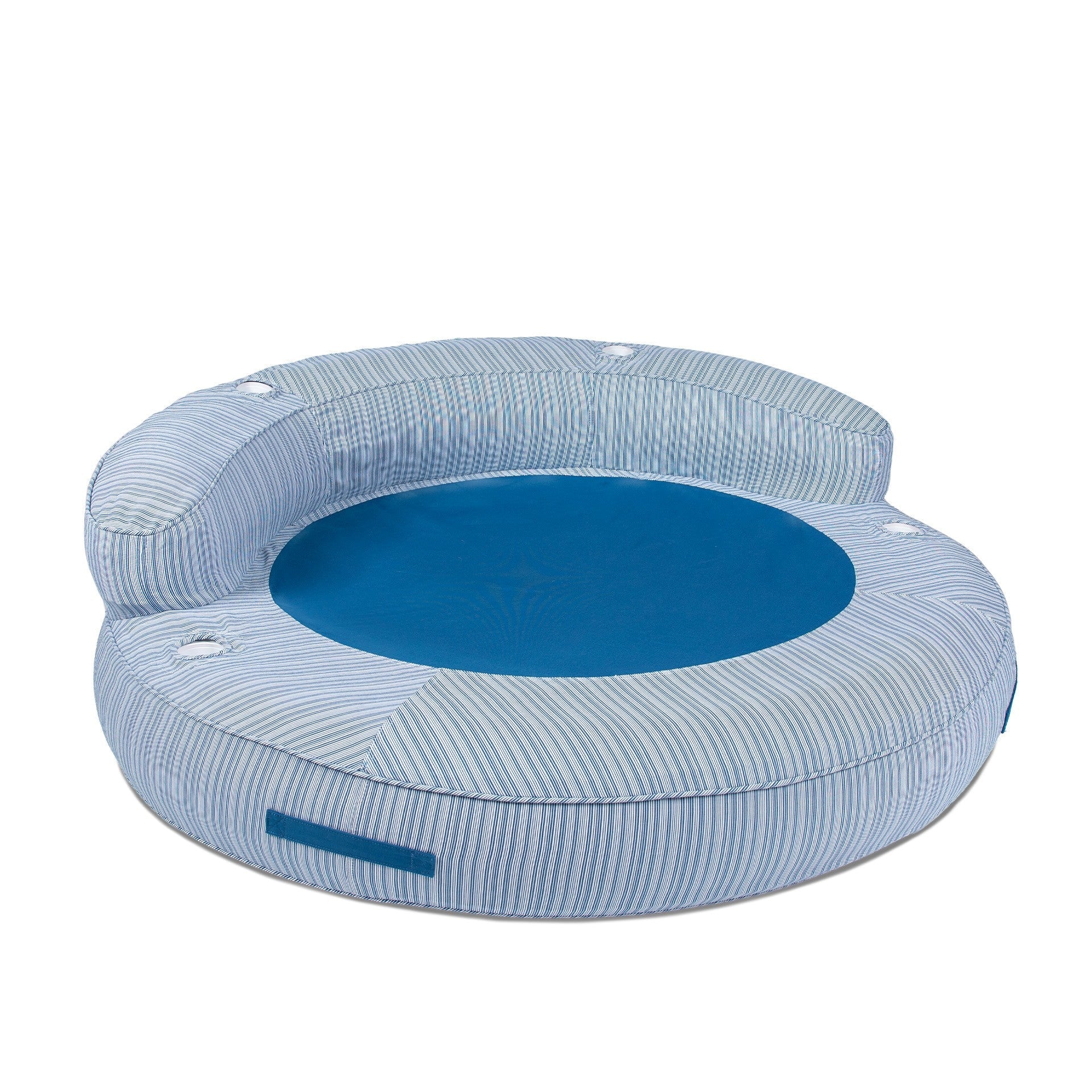 Blue circular inflatable pool with striped pattern on a white background