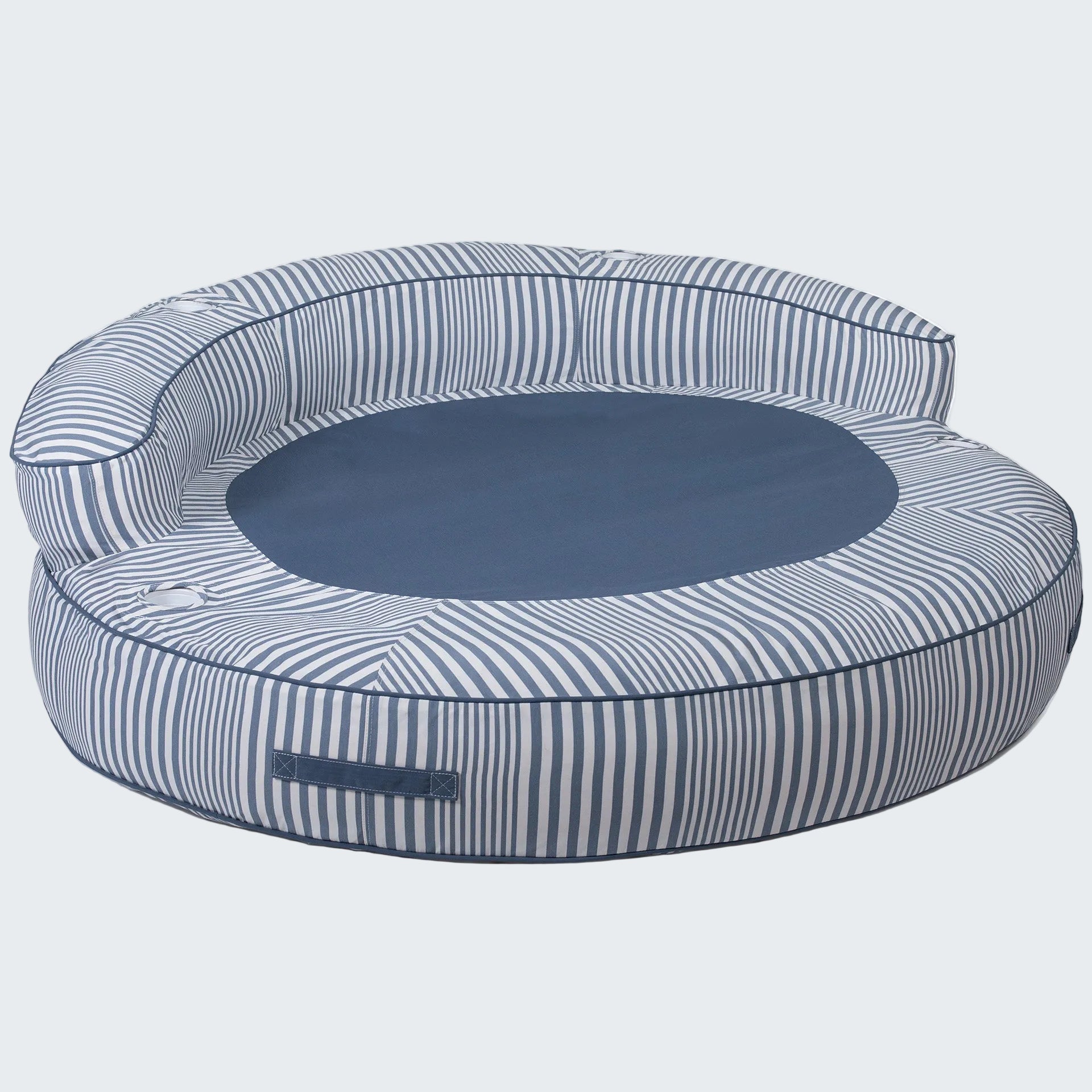 Round pet bed with blue and white striped pattern on a white background