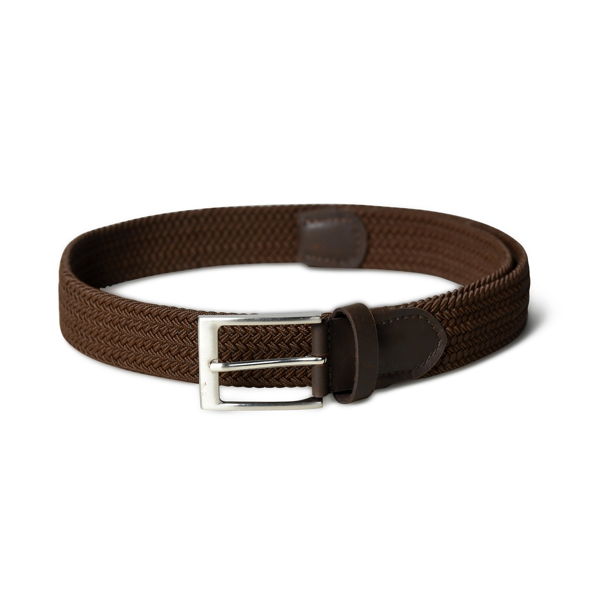 Brown woven belt with a silver buckle on a white background