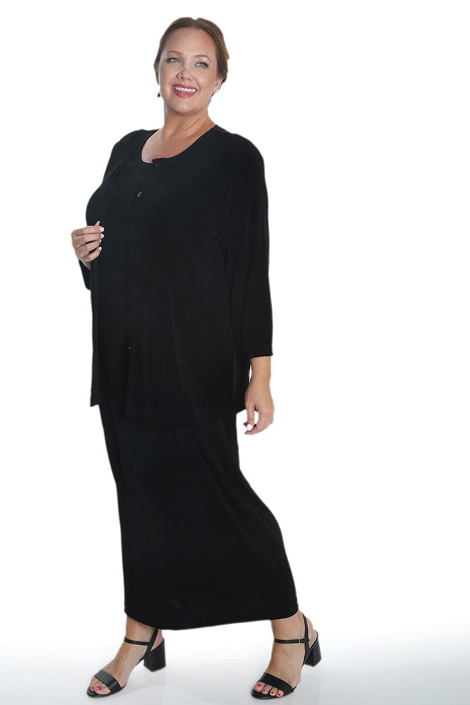 Woman wearing a black dress on a white background