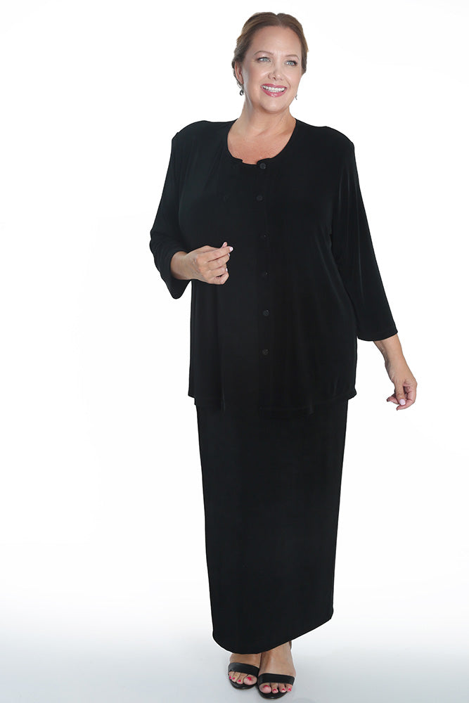 Woman wearing a black outfit on a white background