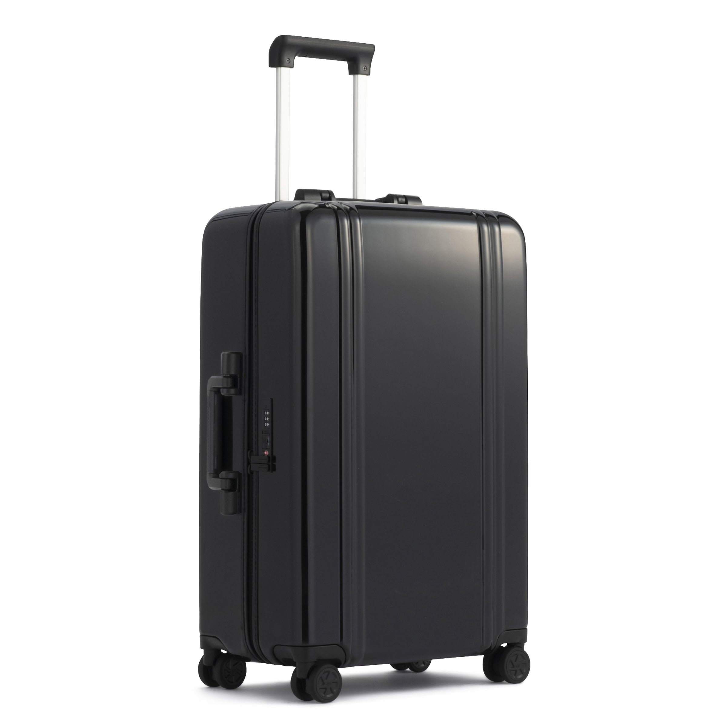 Black suitcase with wheels and handle on a white background