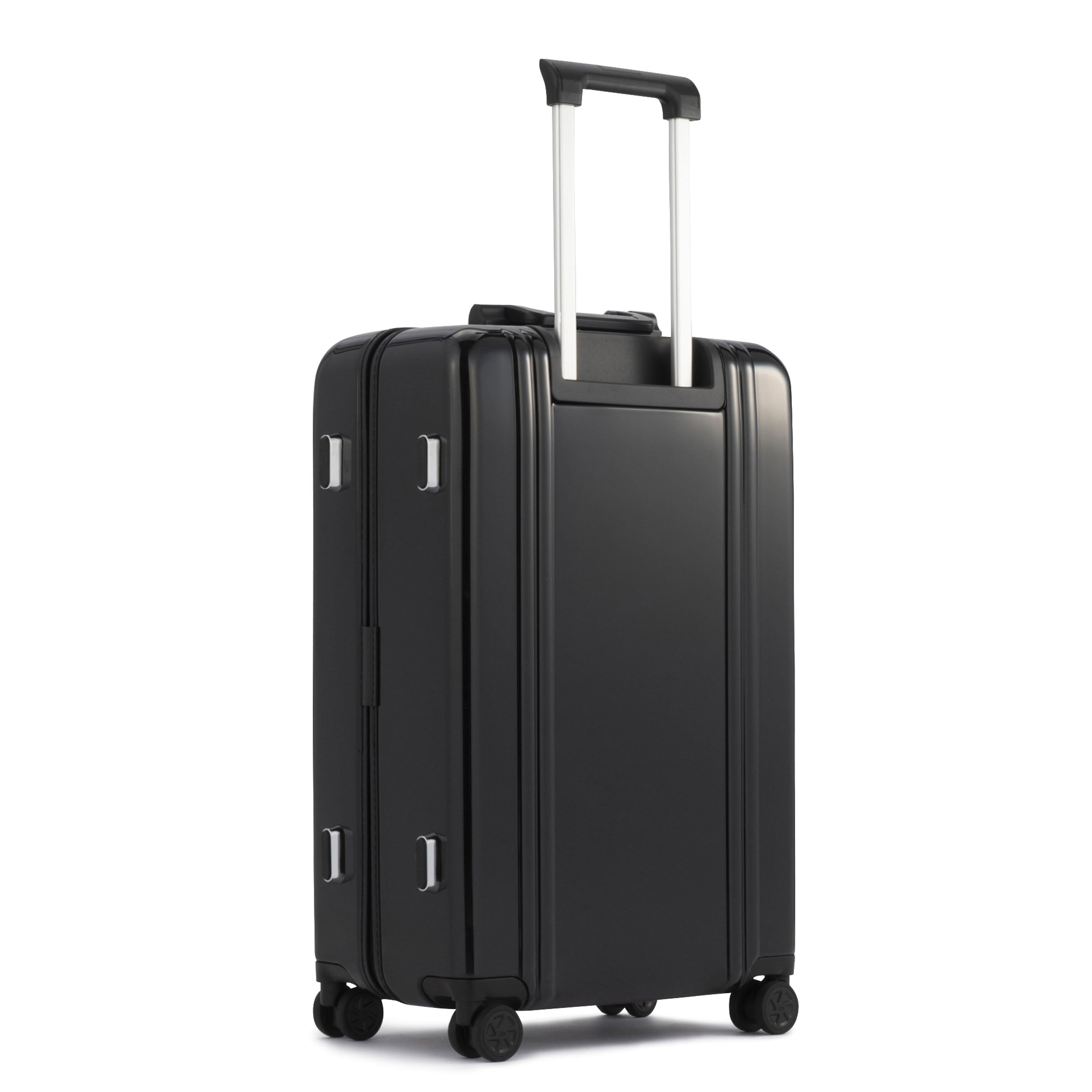Black suitcase with wheels and handle on a white background