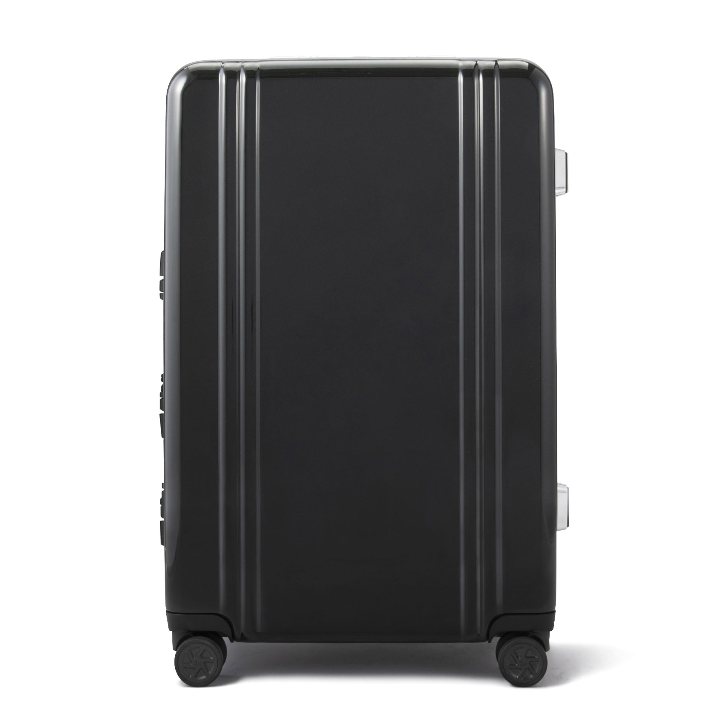 Black suitcase with wheels on a white background