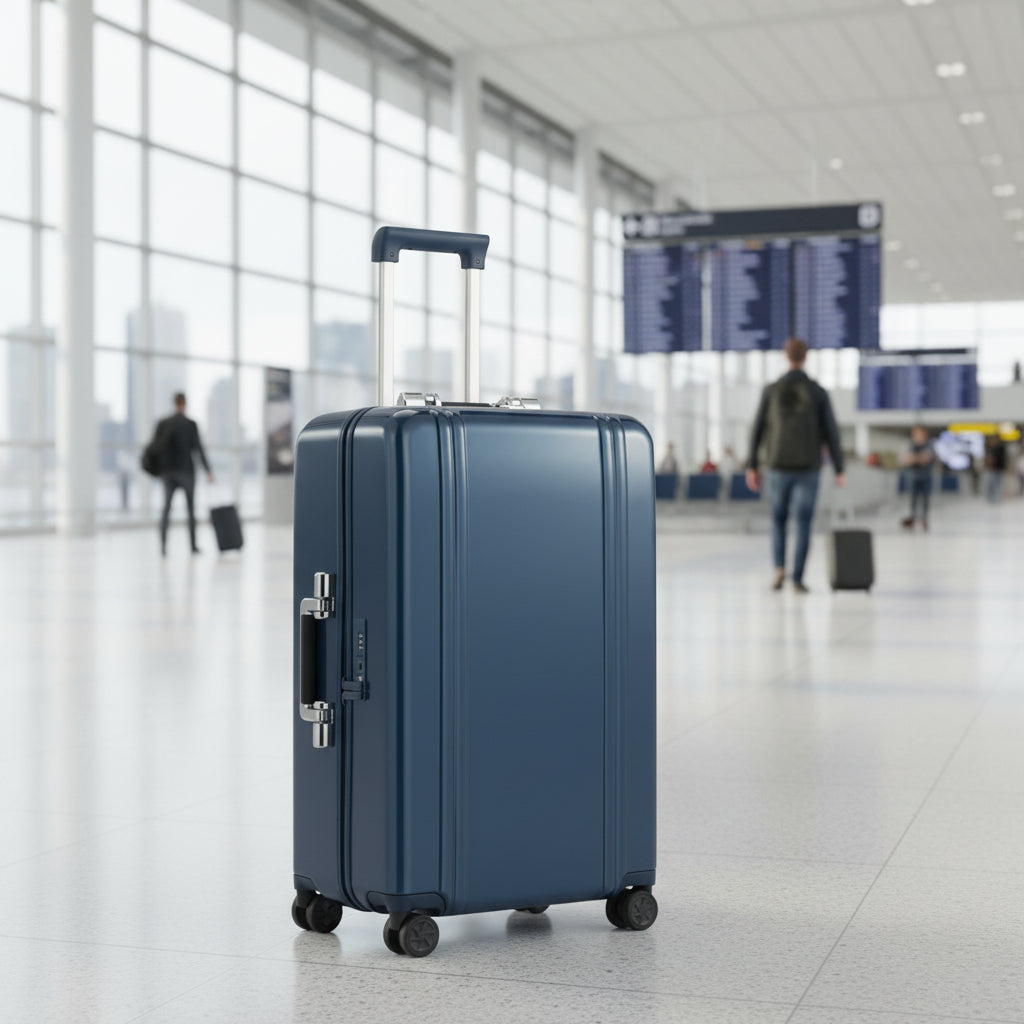 Blue suitcase with wheels and handle on a white background