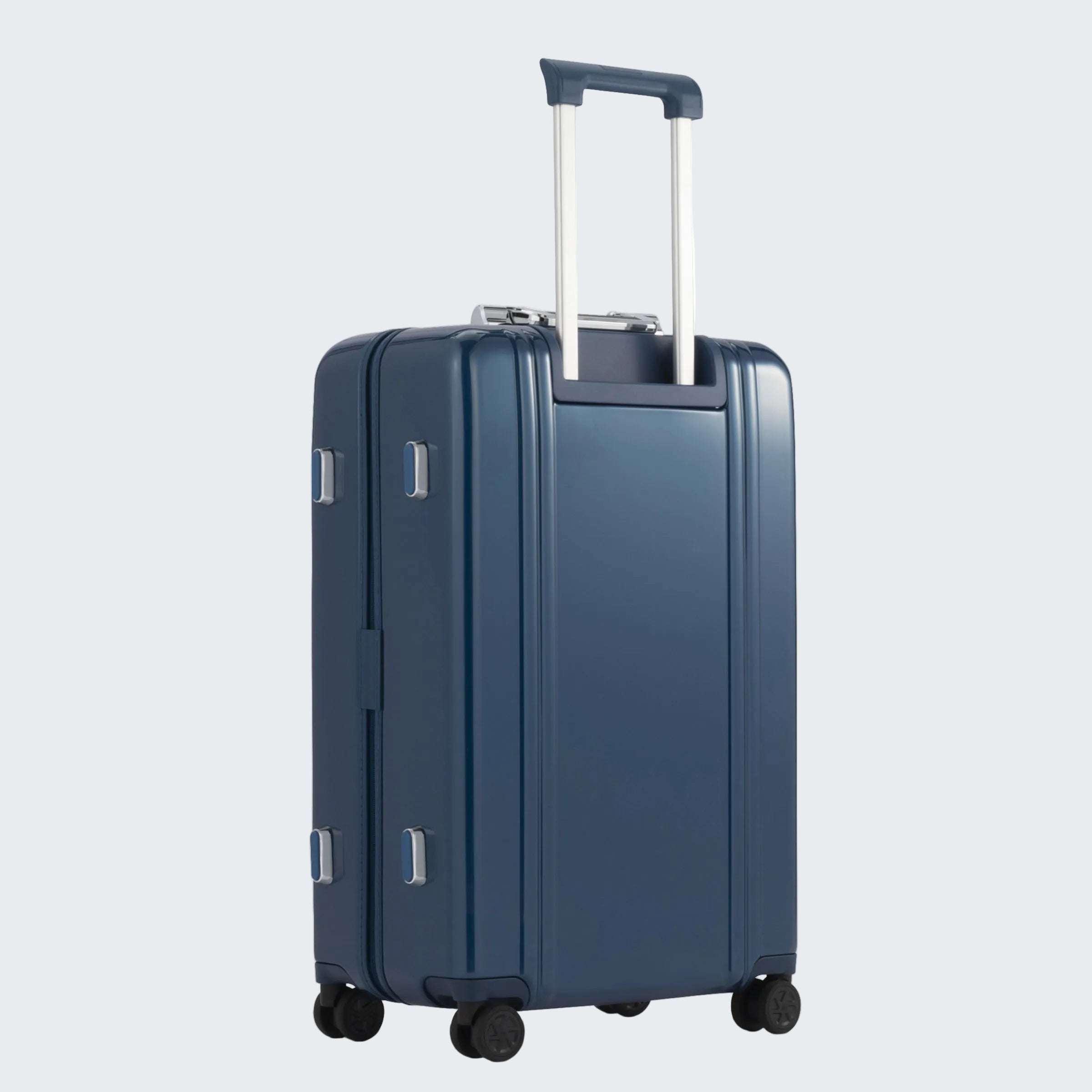Blue suitcase with a silver handle on a white background