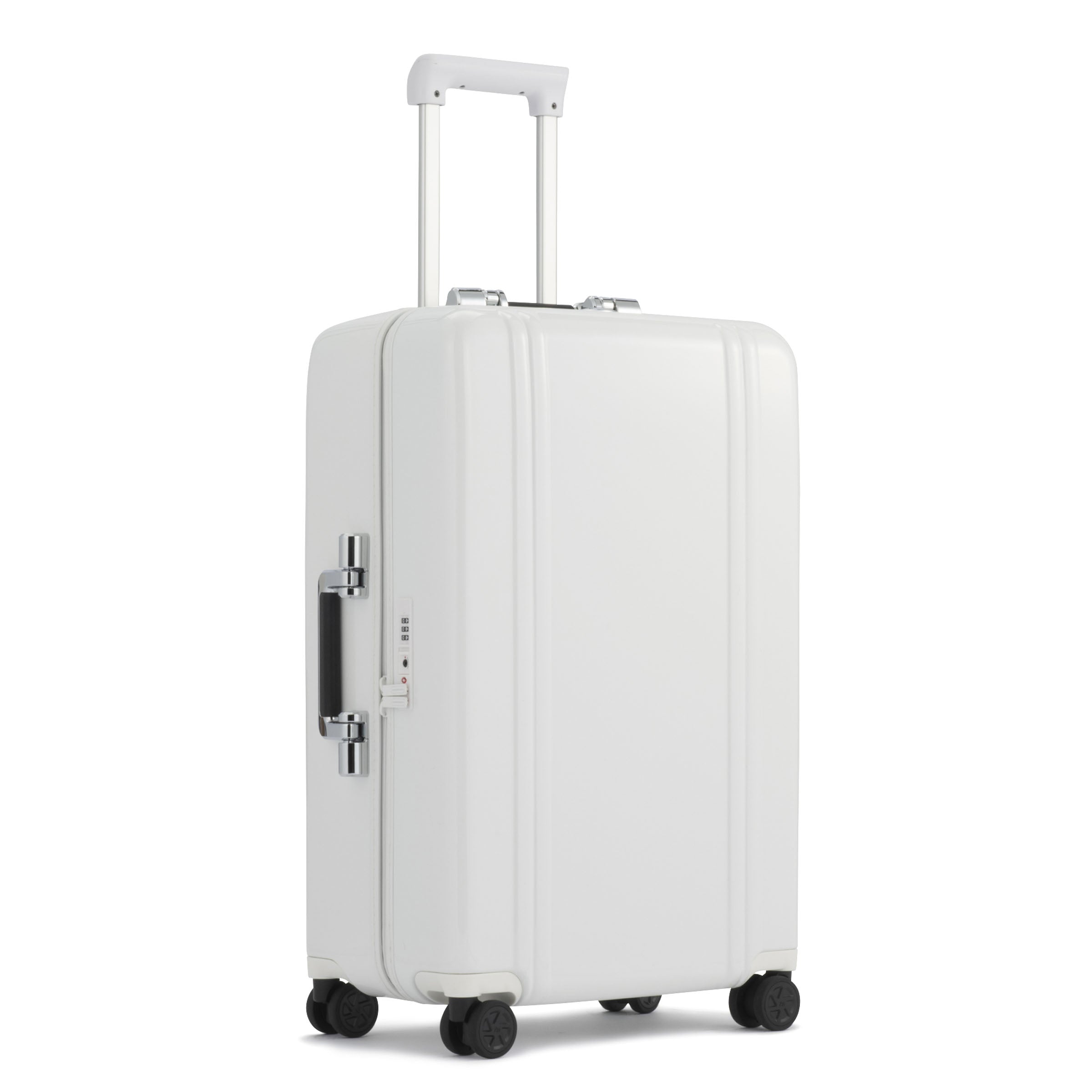 White suitcase with wheels on a white background