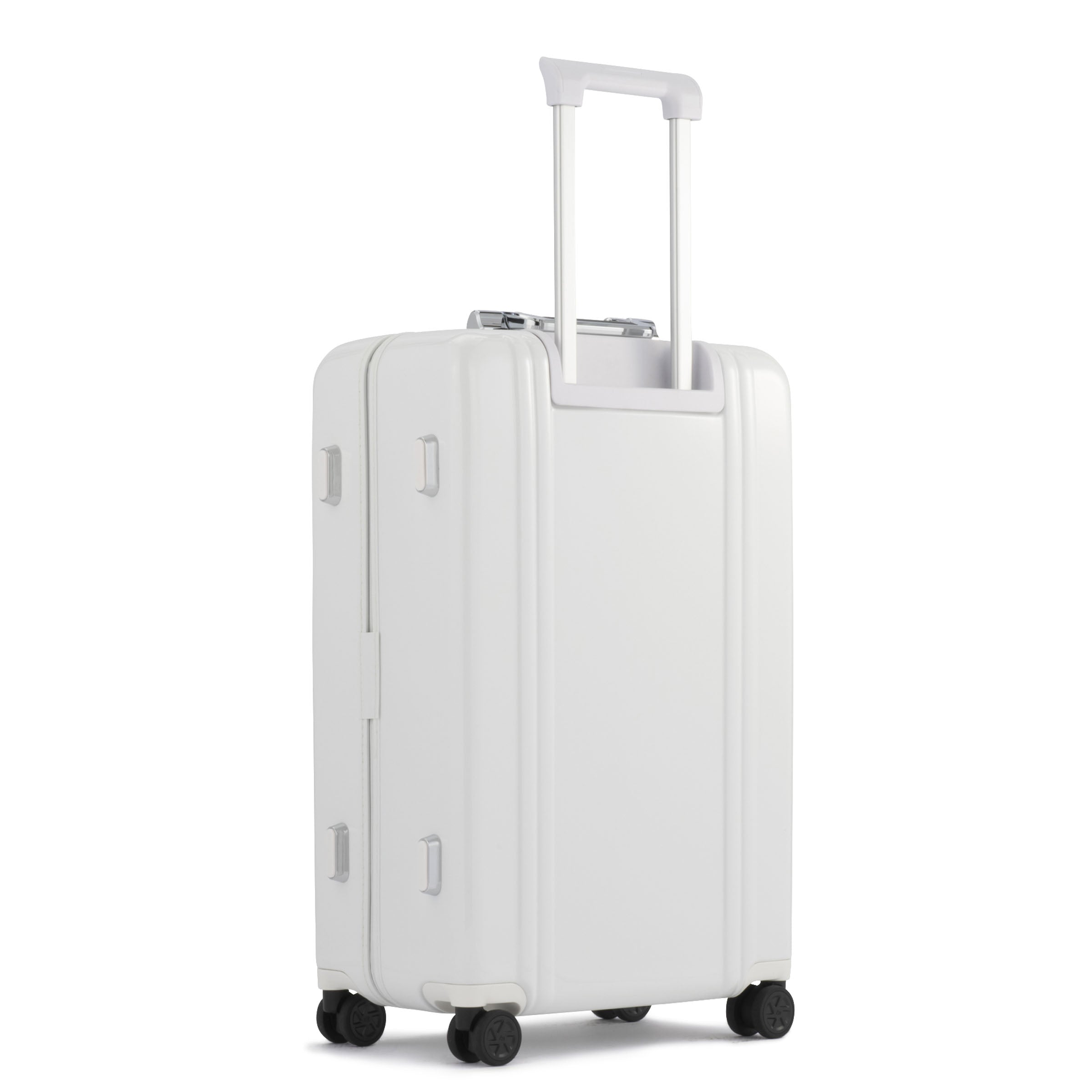 White suitcase with wheels on a white background