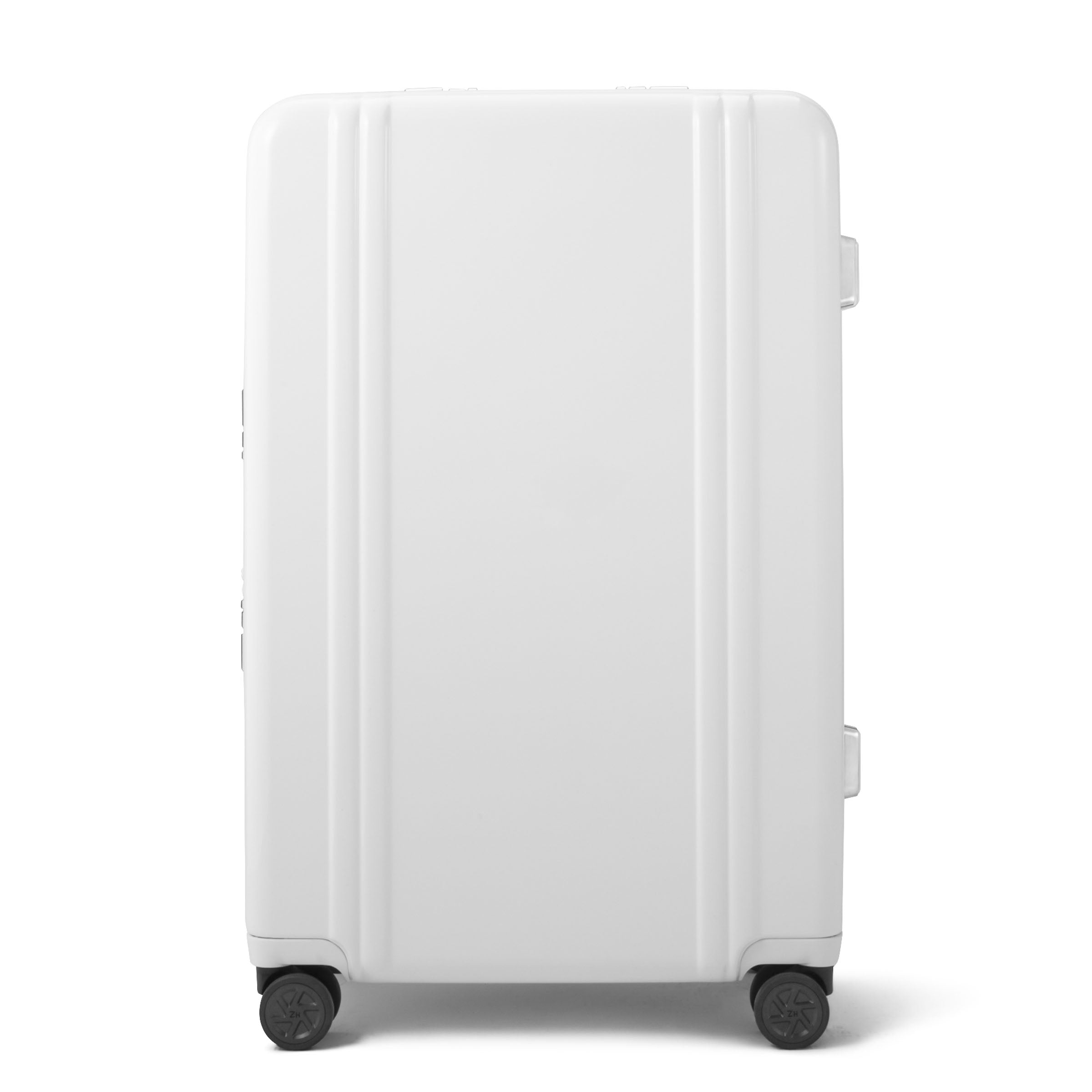 White suitcase with black wheels on a white background