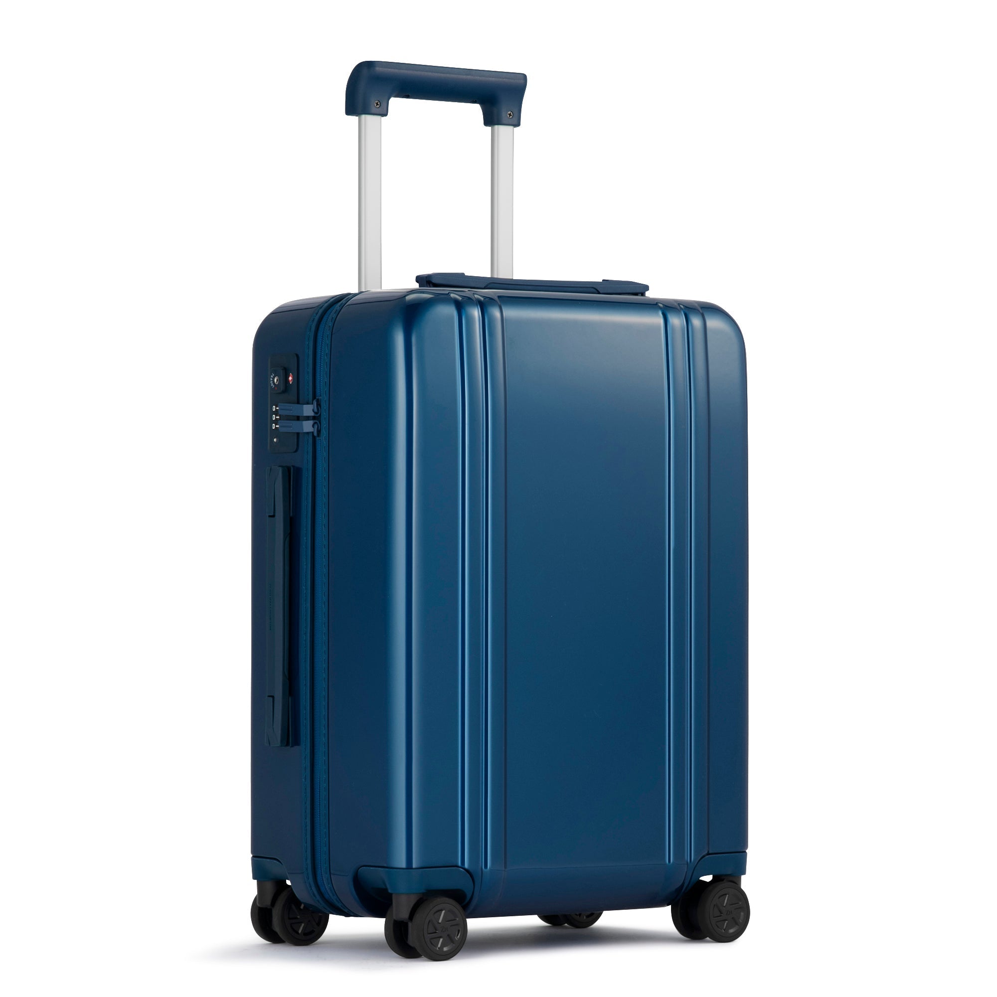 Blue suitcase with wheels on a white background