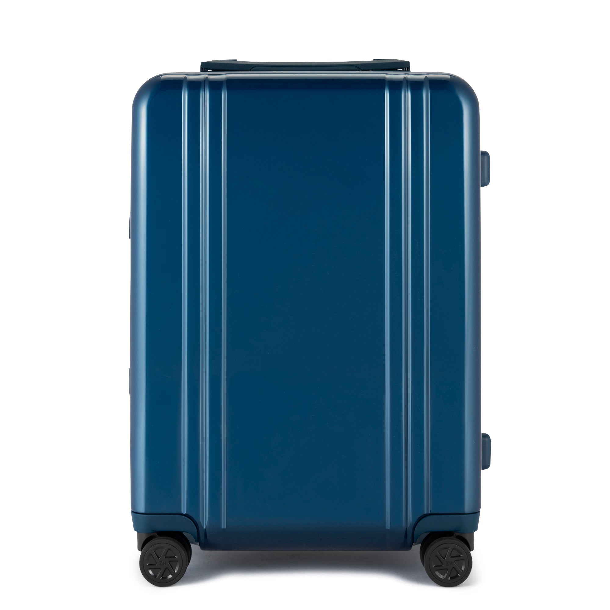 Blue suitcase with wheels on a white background