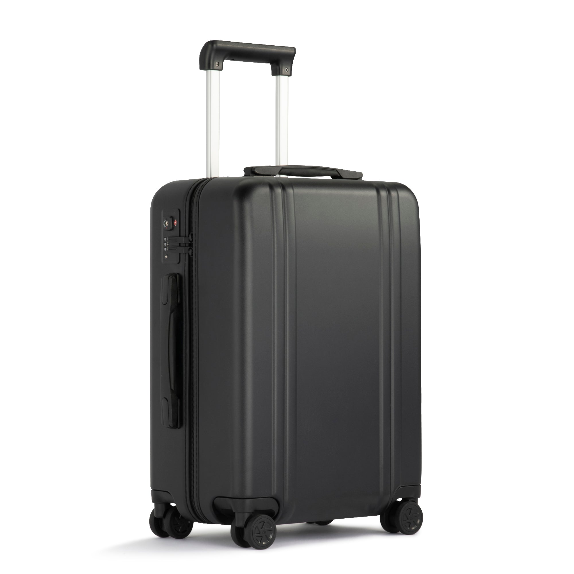 Black suitcase with wheels on a white background