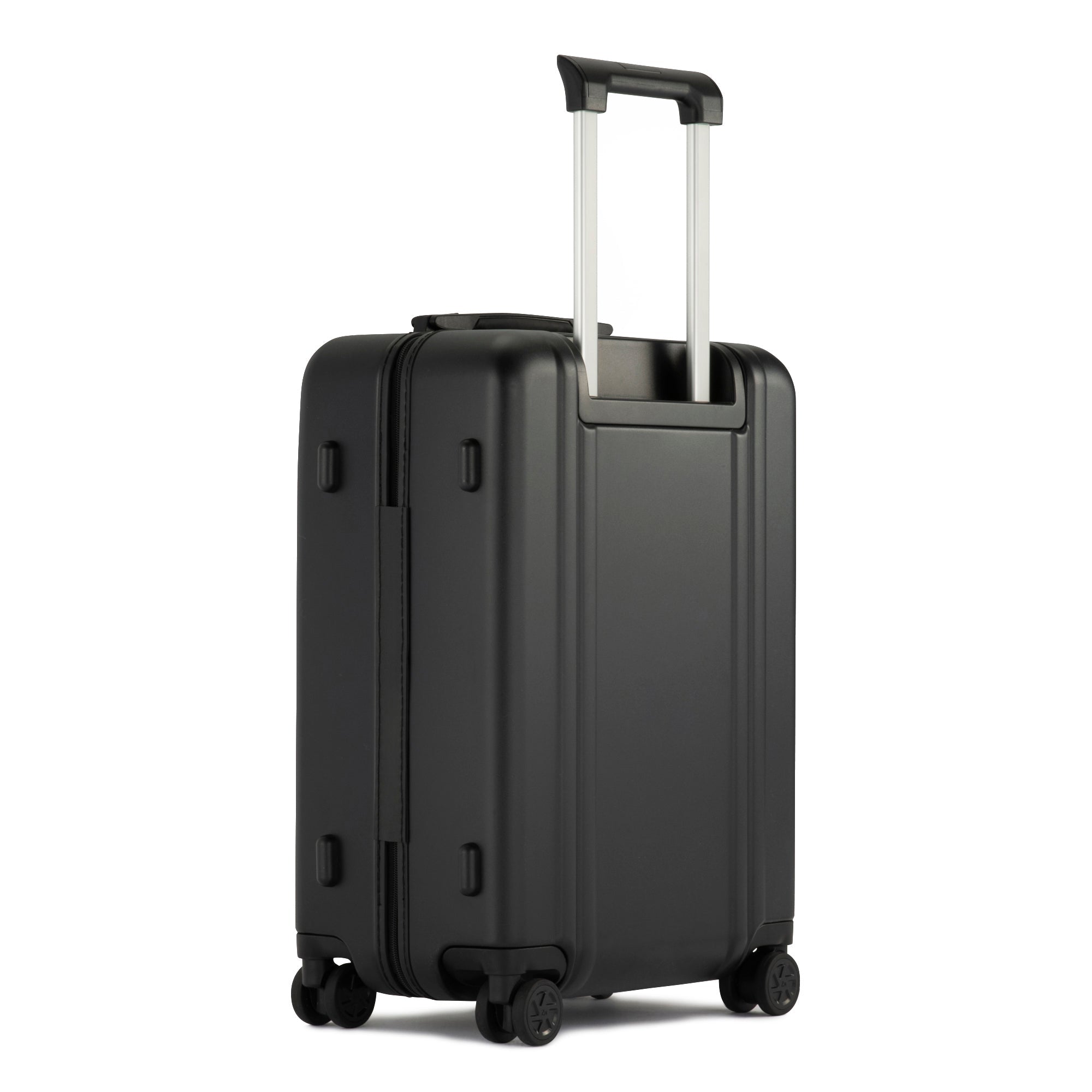 Black suitcase with wheels and handle on a white background
