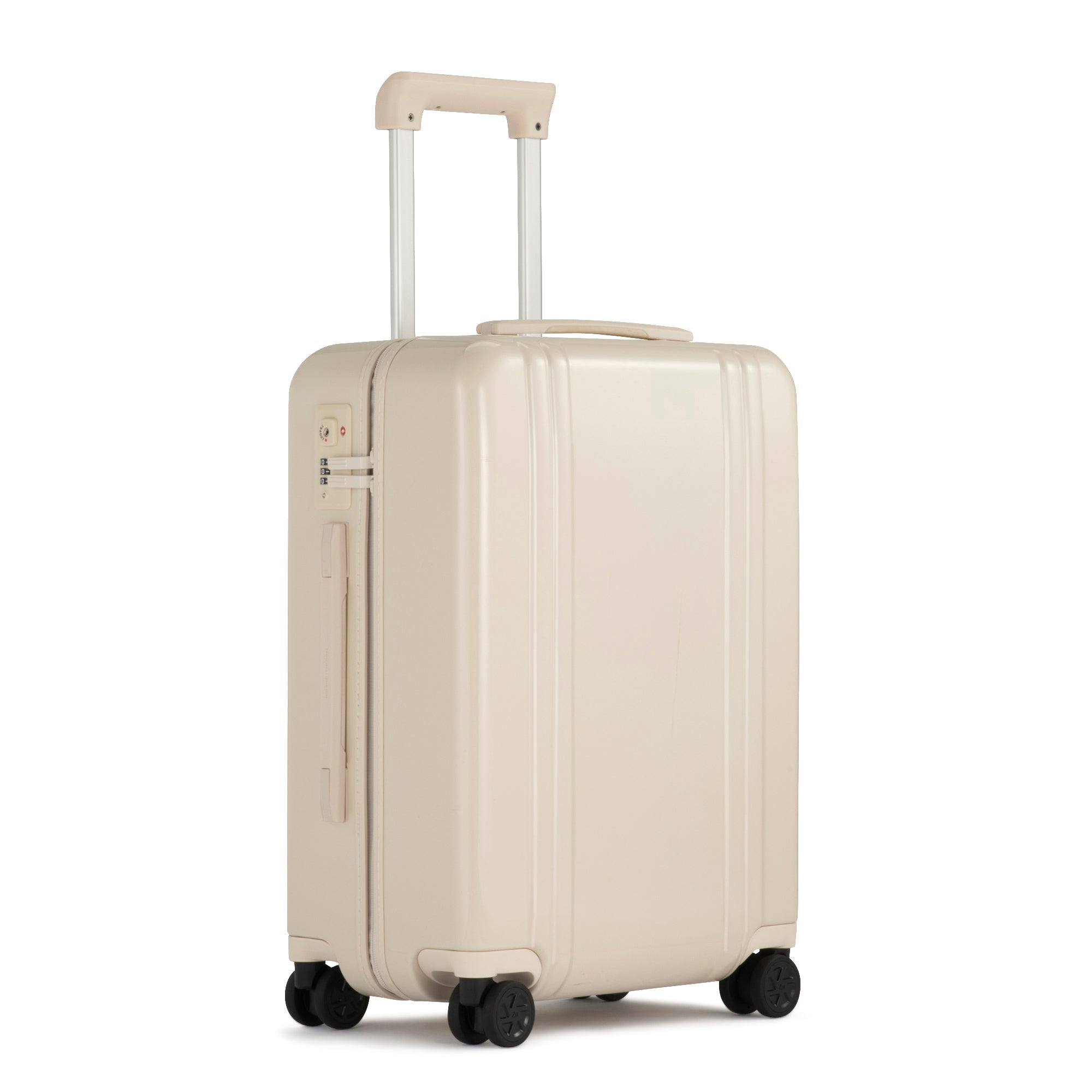 Beige suitcase with wheels on a white background