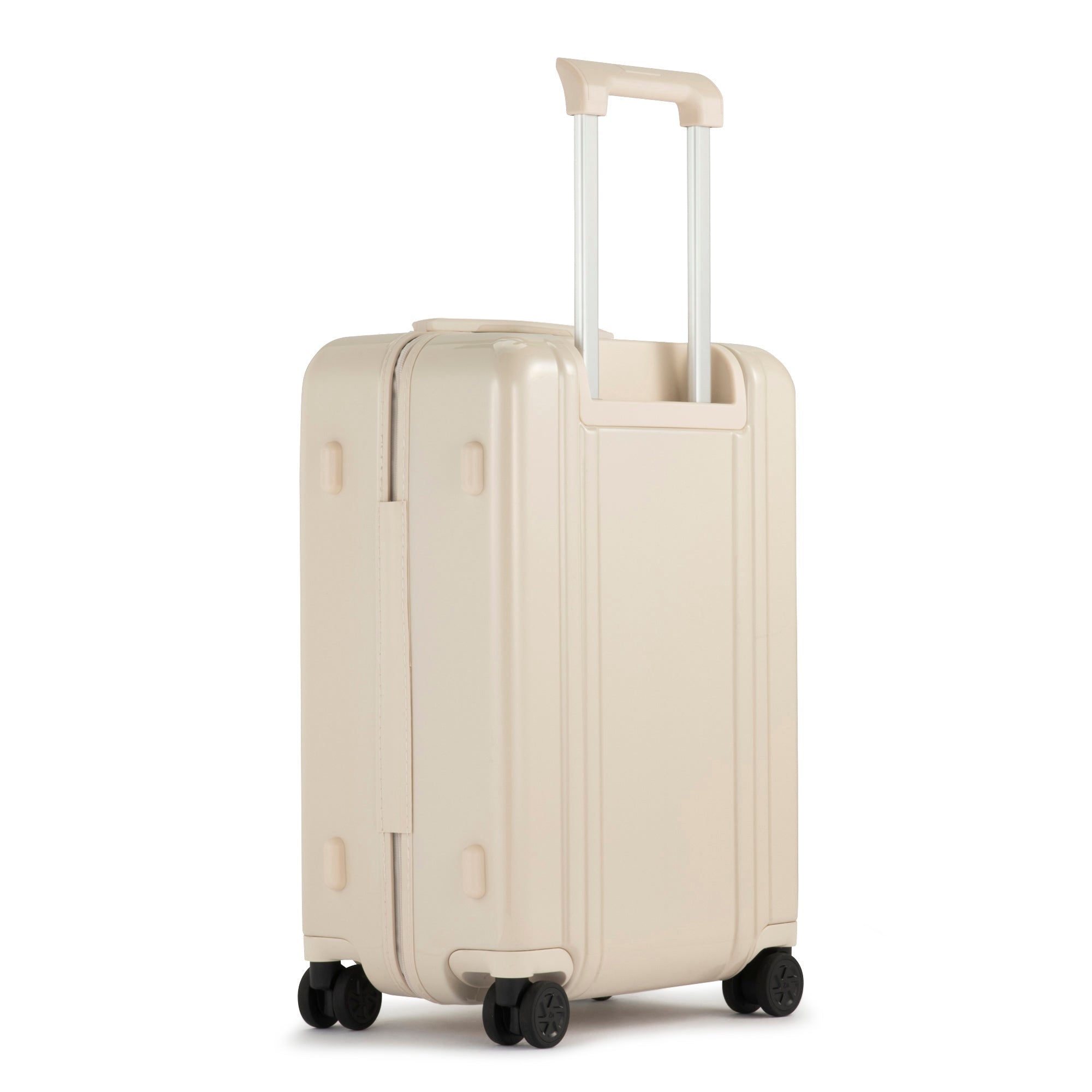 Beige suitcase with wheels and handle on a white background
