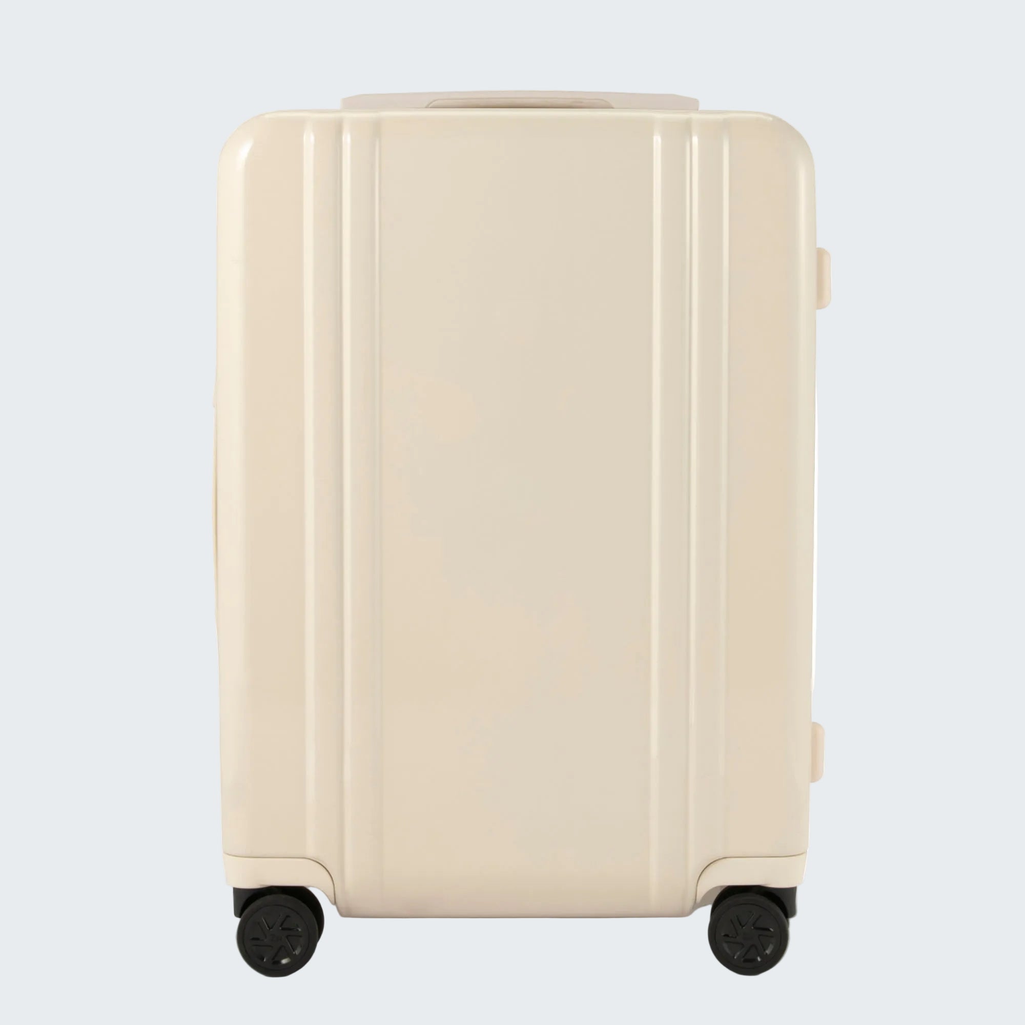 Beige suitcase with wheels on a white background