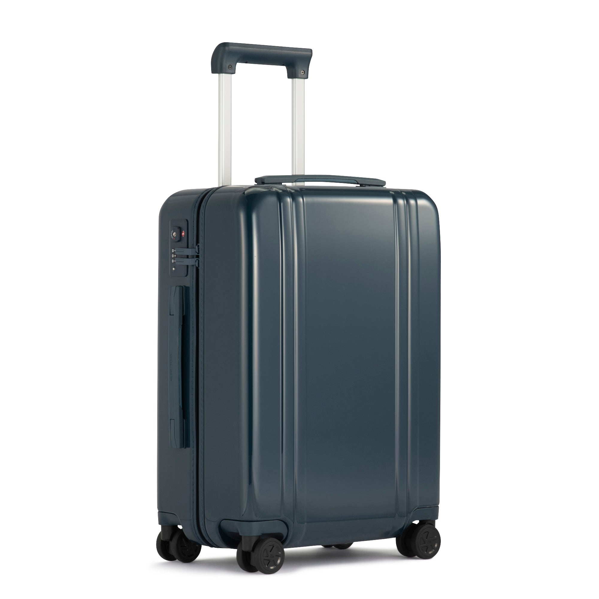 Dark gray suitcase with wheels and handle on a white background