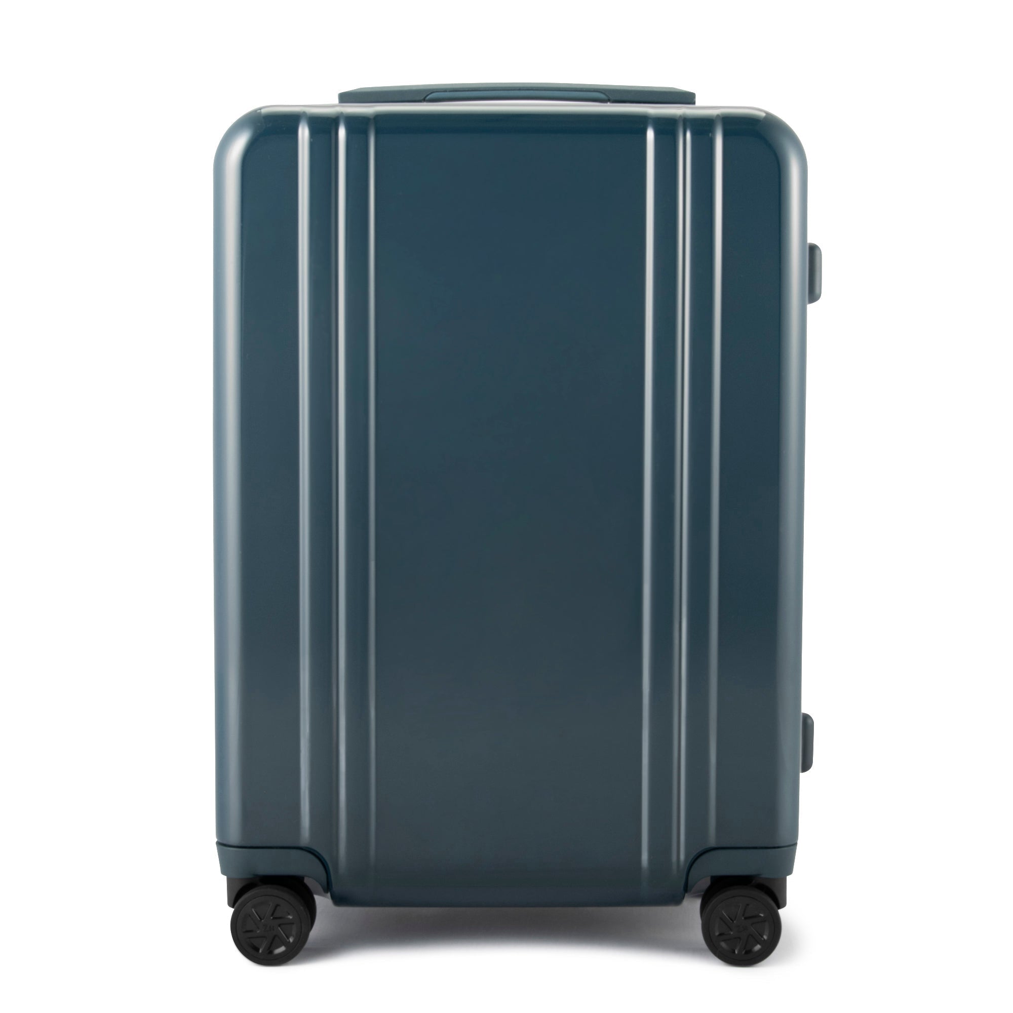 Blue suitcase with wheels on a white background