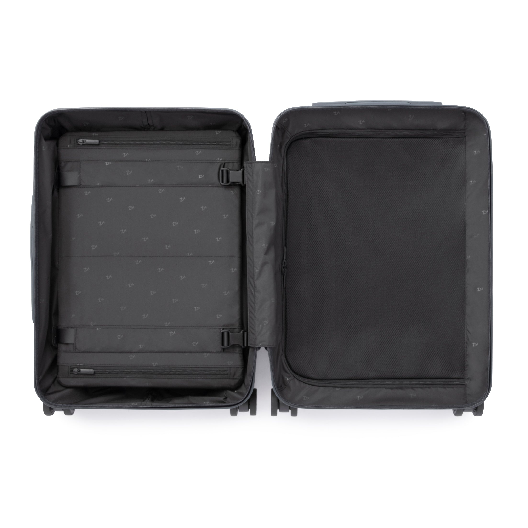 Black suitcase with open lid on a white background