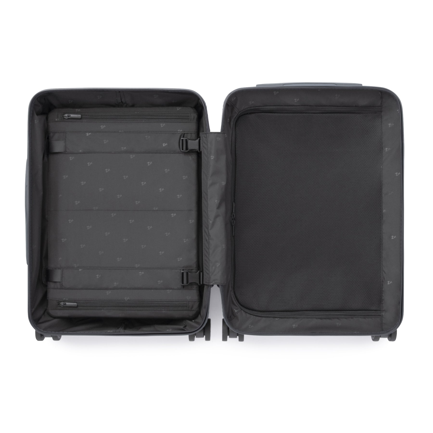 Black suitcase with open compartment on a white background