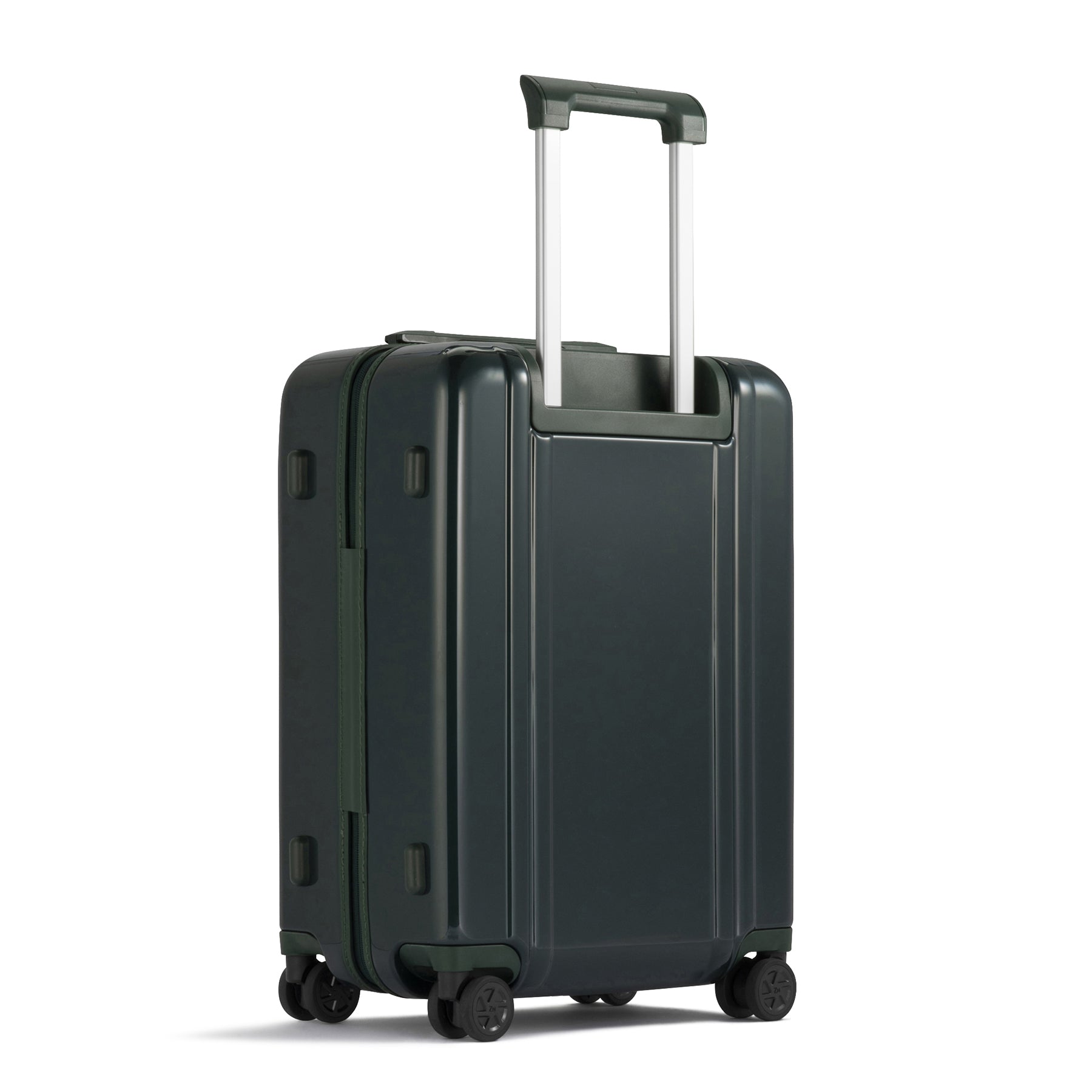 Black suitcase with wheels and handle on a white background