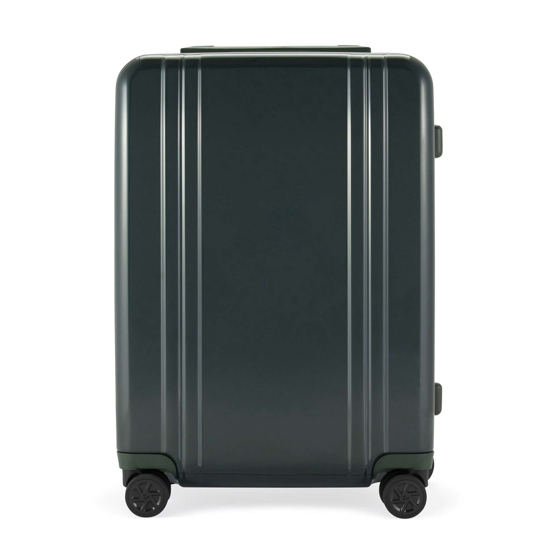 Dark green suitcase with wheels on a white background