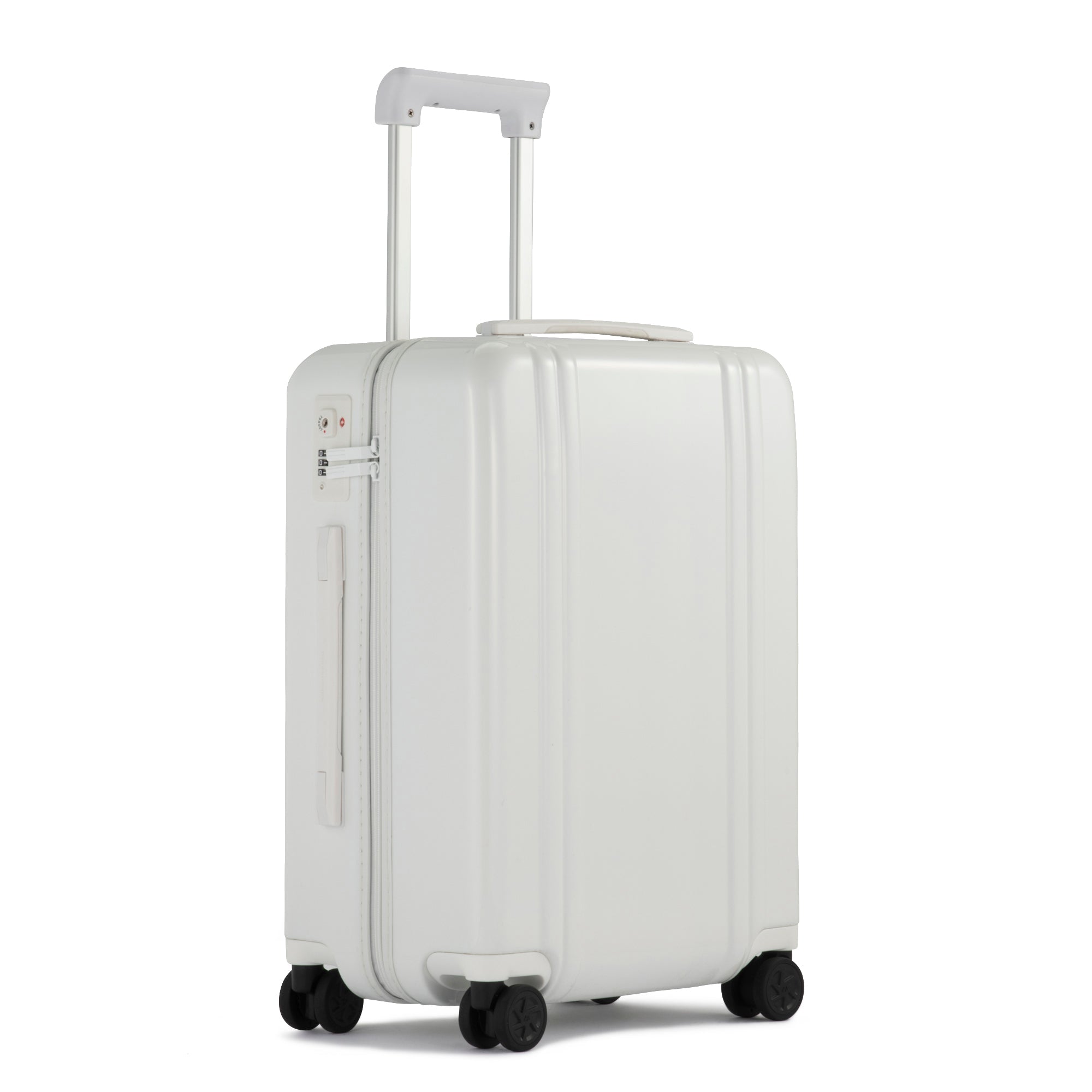 White suitcase with wheels on a white background