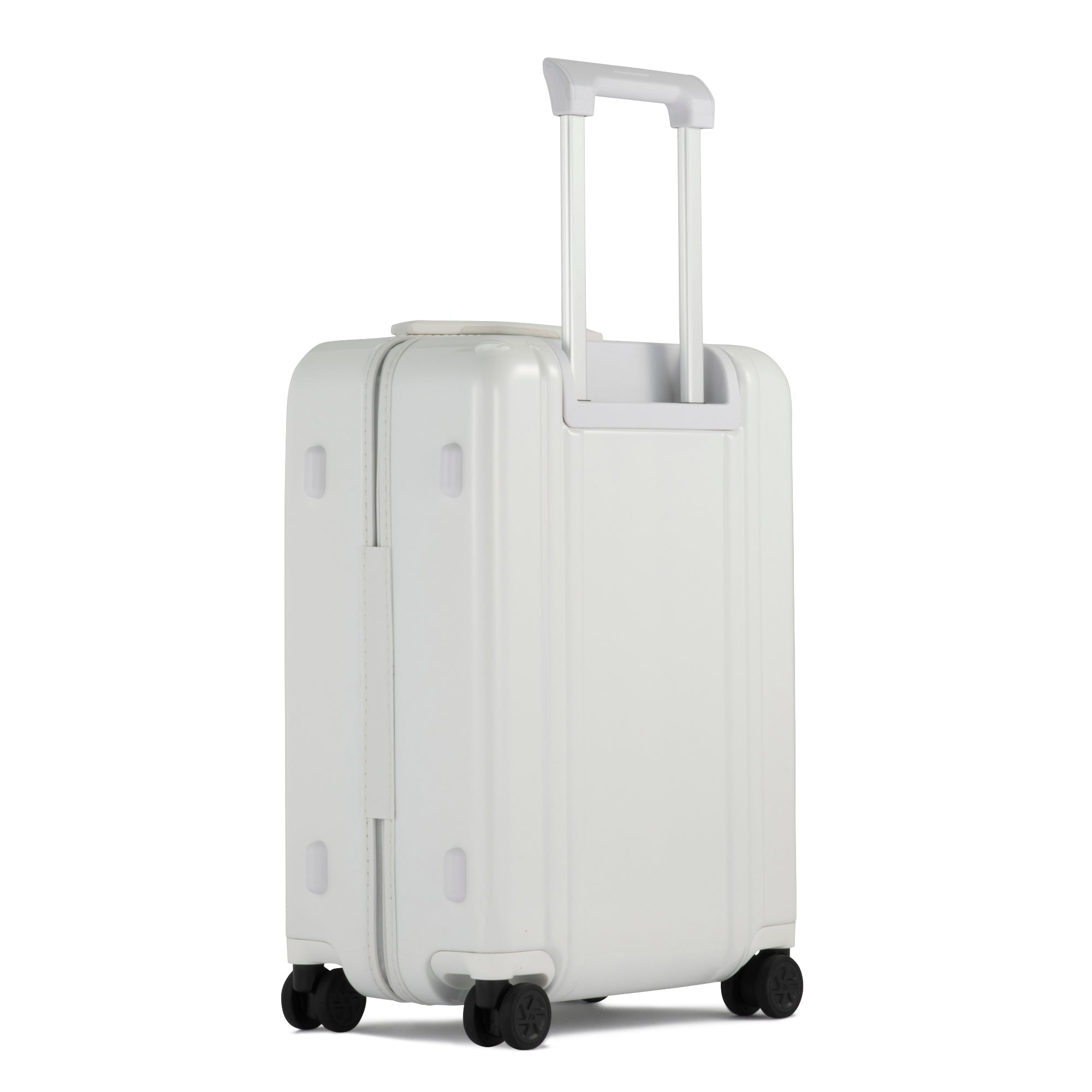 White suitcase with wheels on a white background