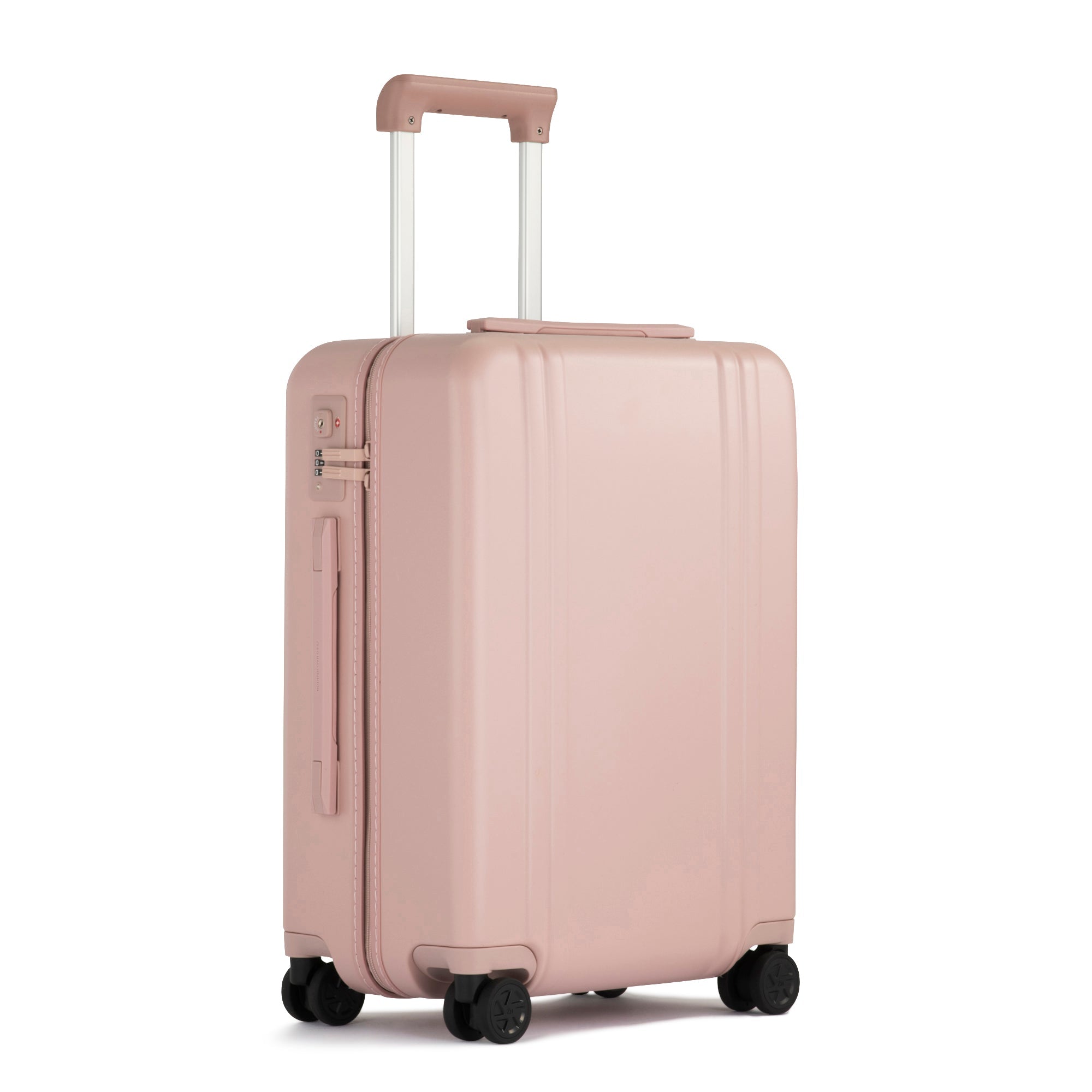 Pink suitcase with wheels on a white background