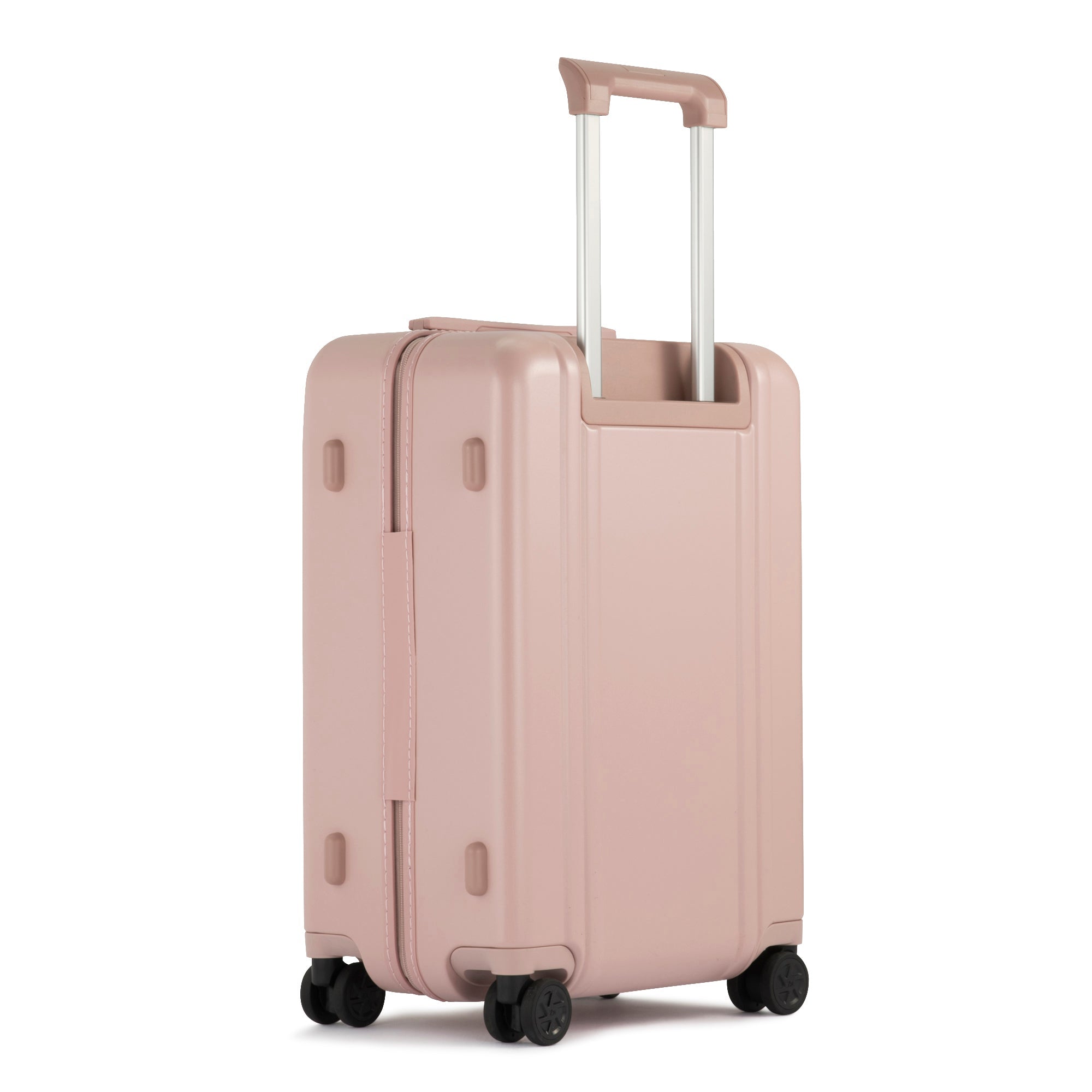 Pink suitcase with wheels and a handle on a white background