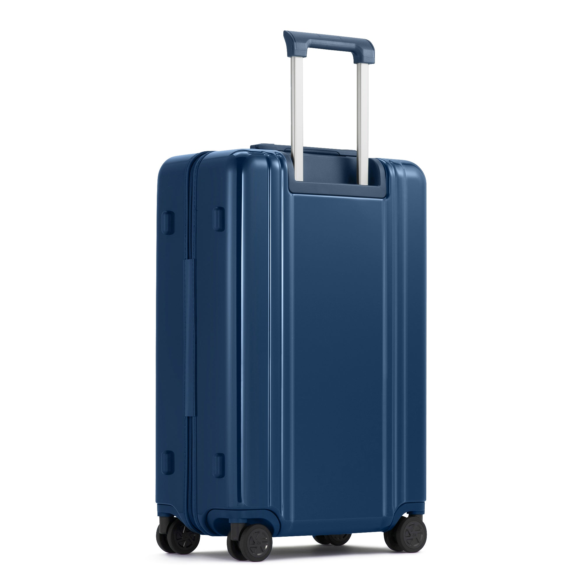 Blue suitcase with wheels and a handle on a white background
